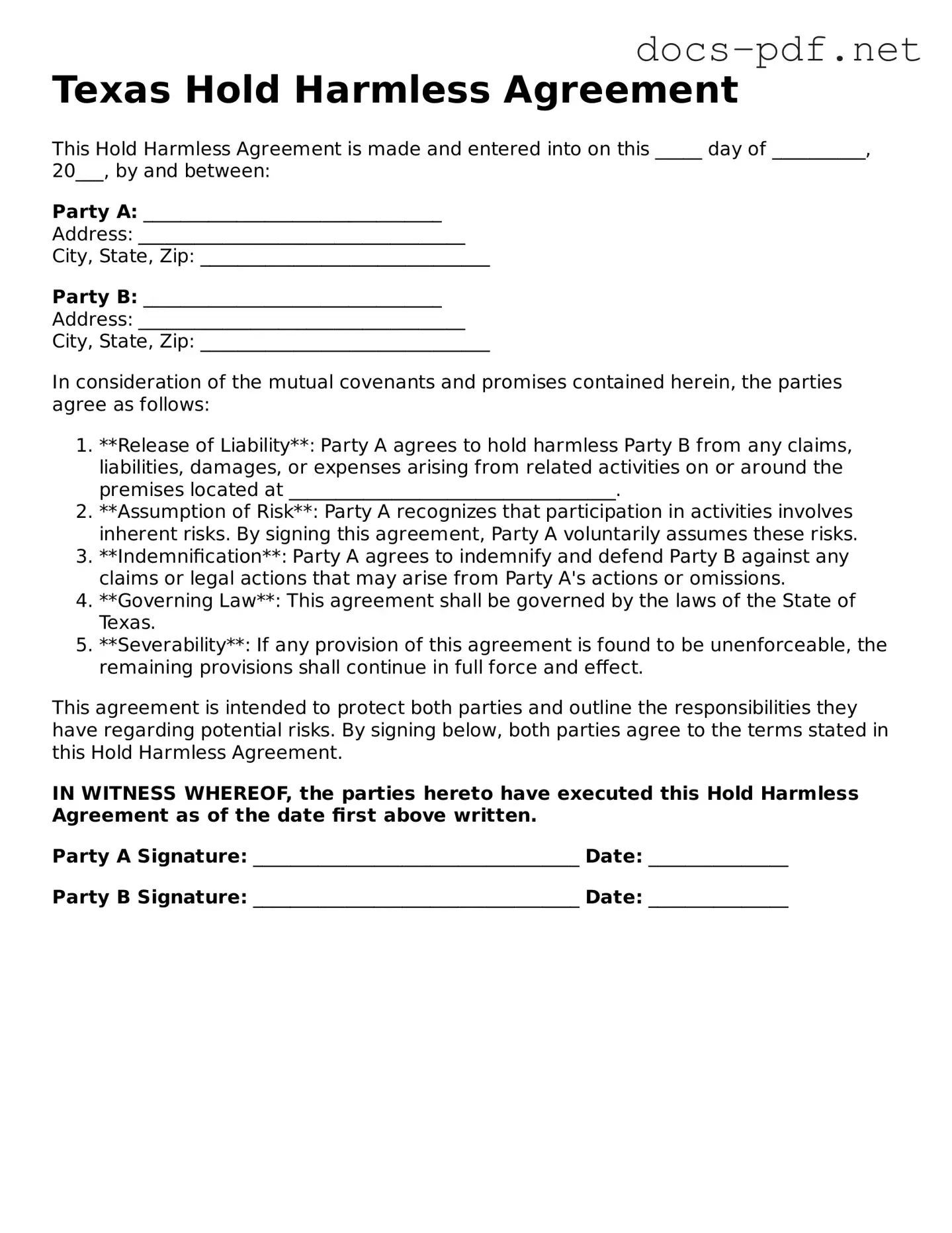 Official  Hold Harmless Agreement Form for Texas