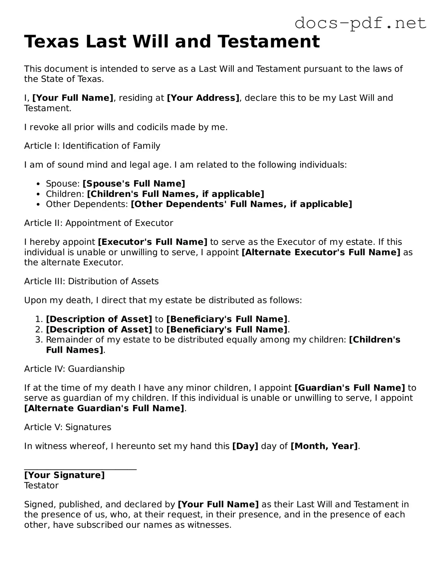 Official  Last Will and Testament Form for Texas