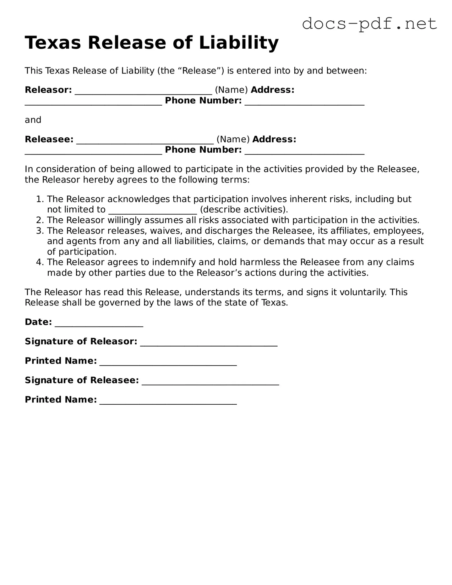 Official  Release of Liability Form for Texas