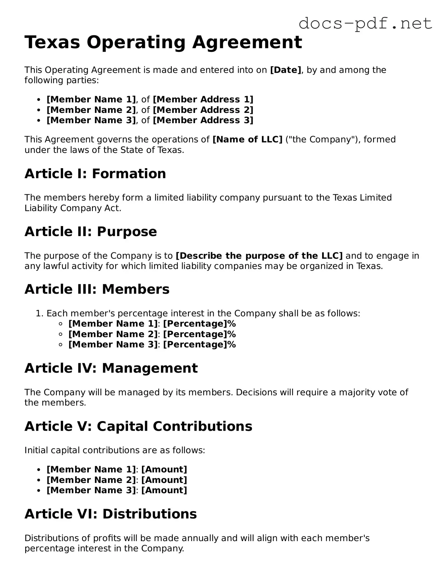 Official  Operating Agreement Form for Texas