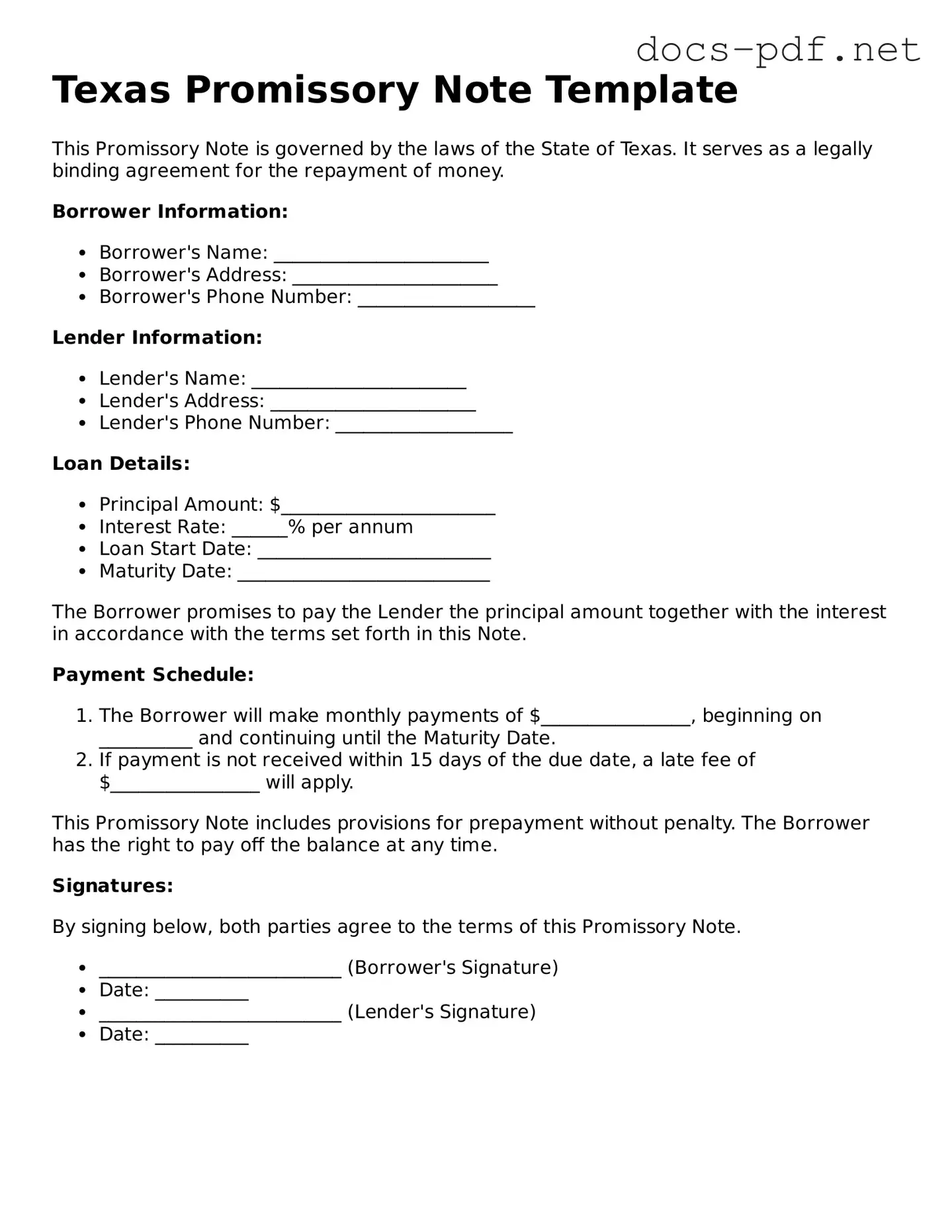 Official  Promissory Note Form for Texas