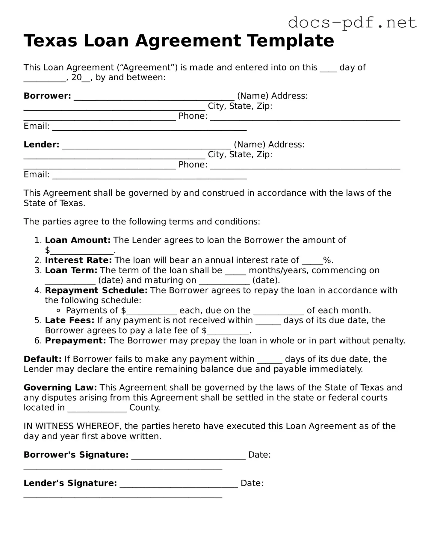 Official  Loan Agreement Form for Texas