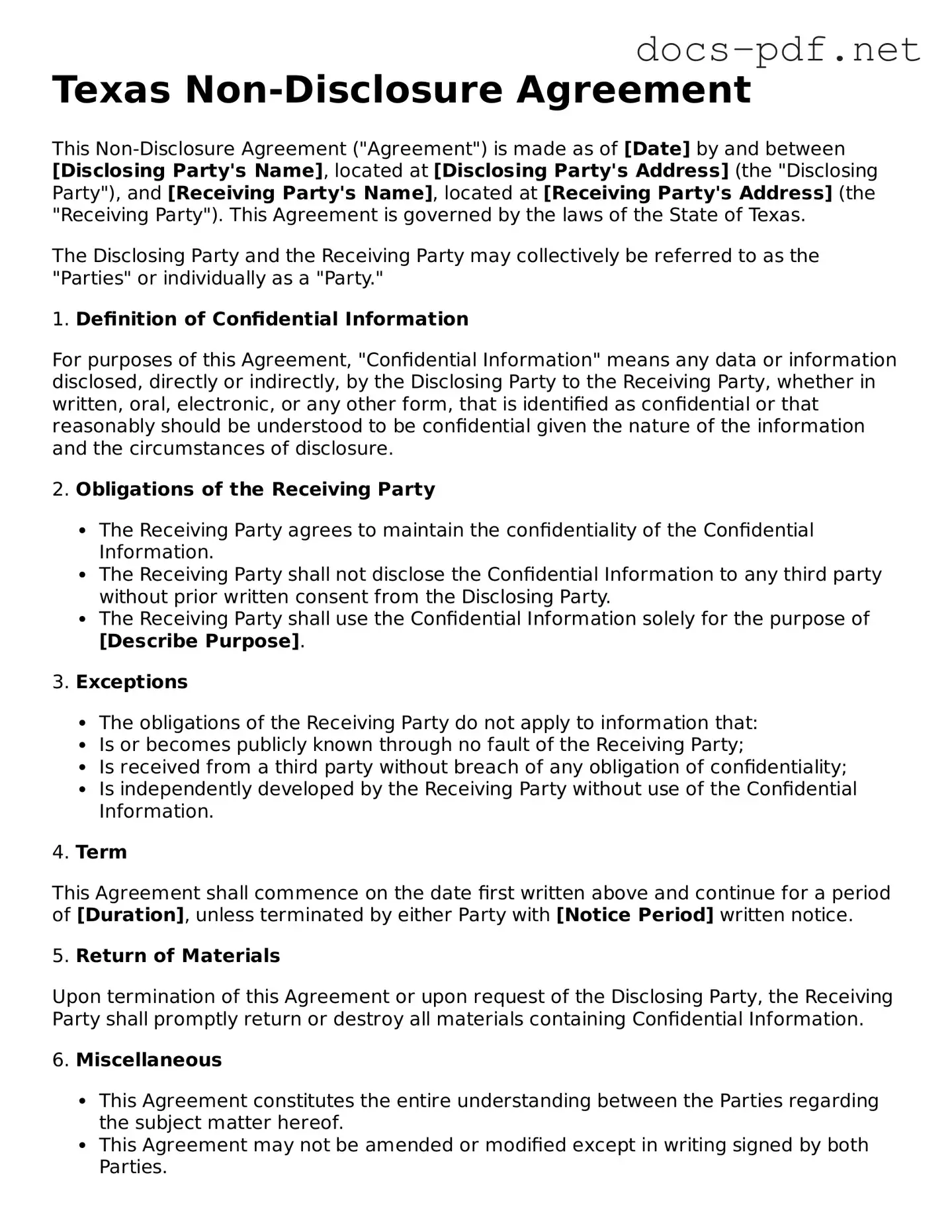 Official  Non-disclosure Agreement Form for Texas