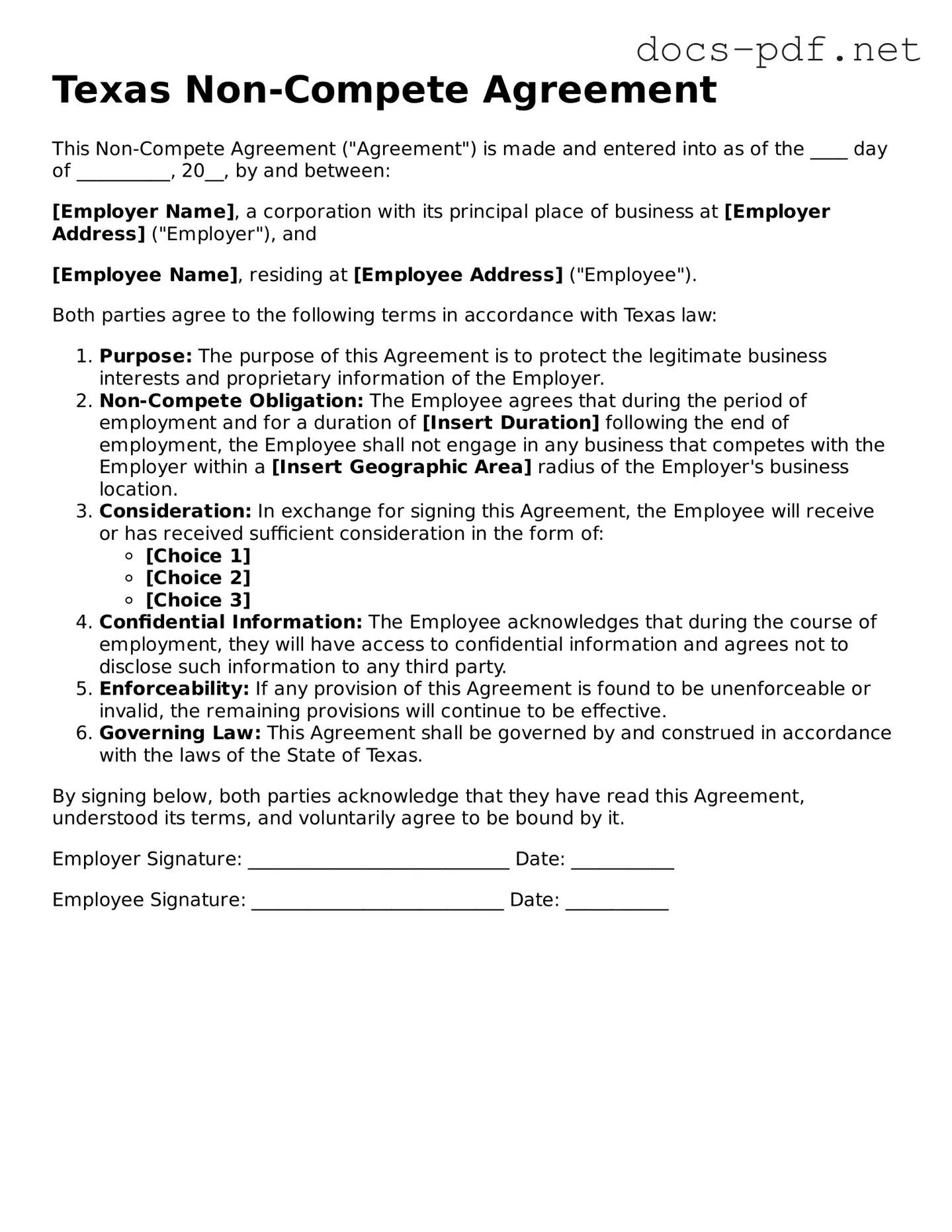 Official  Non-compete Agreement Form for Texas