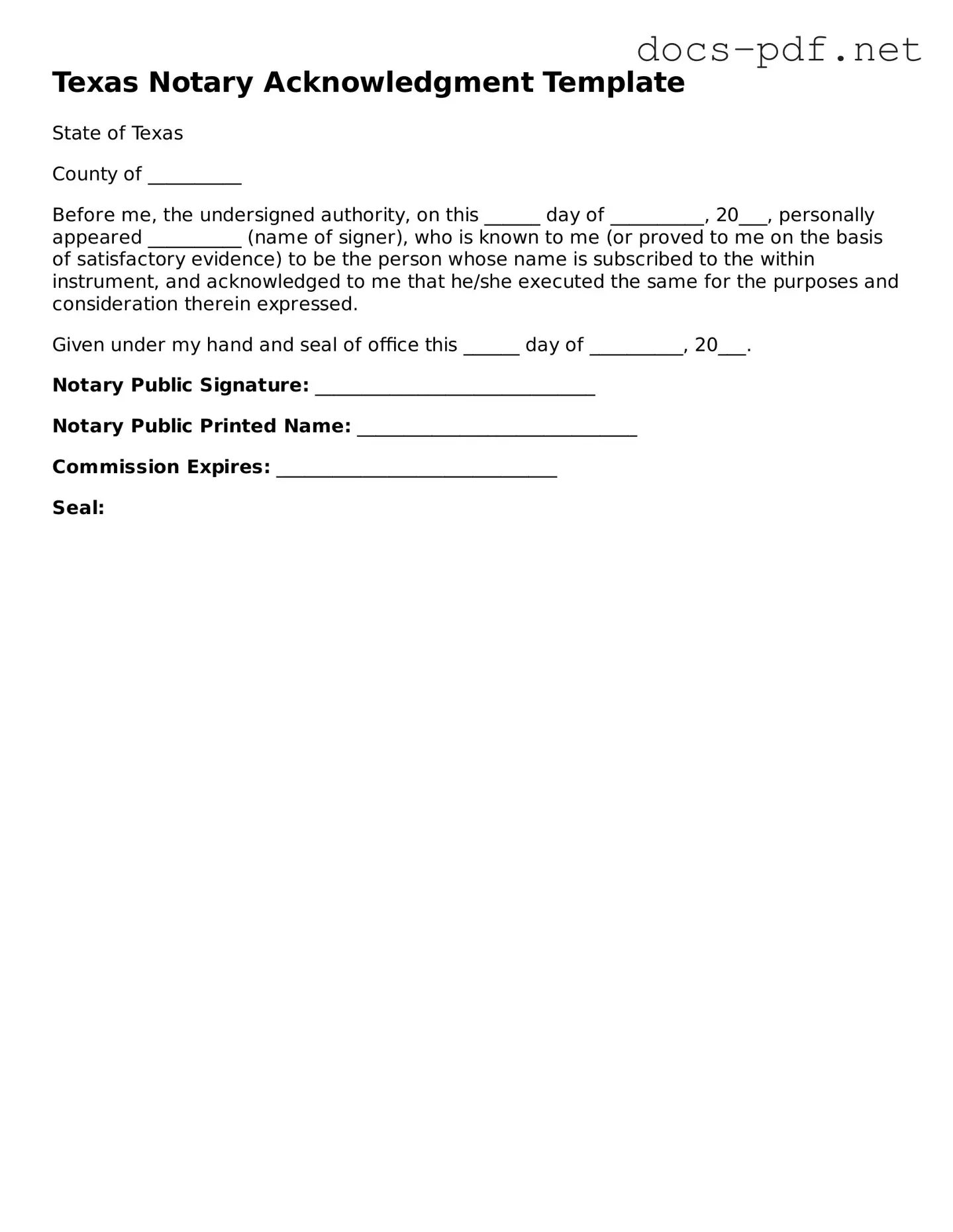 Official  Notary Acknowledgement Form for Texas
