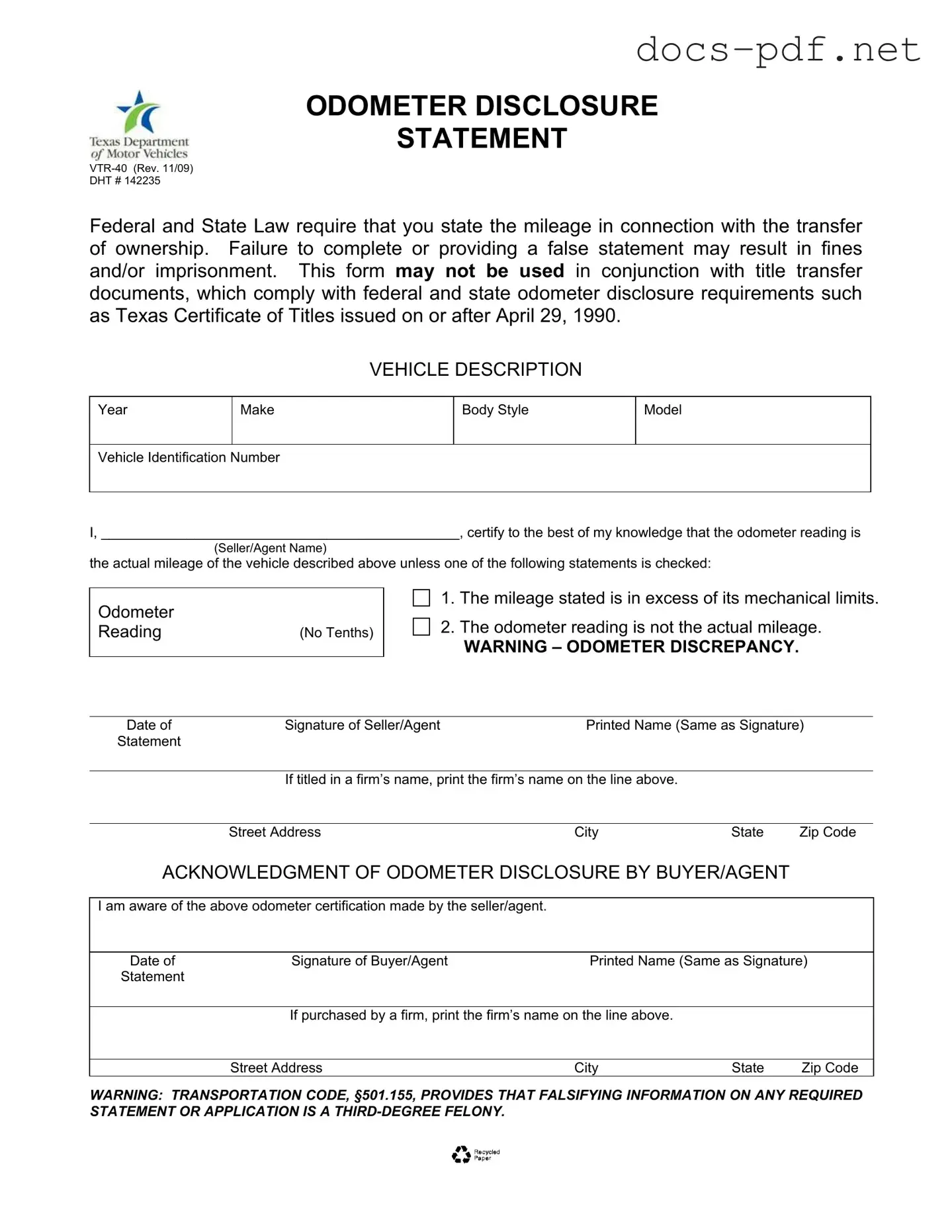 Texas Odometer Statement Form in PDF