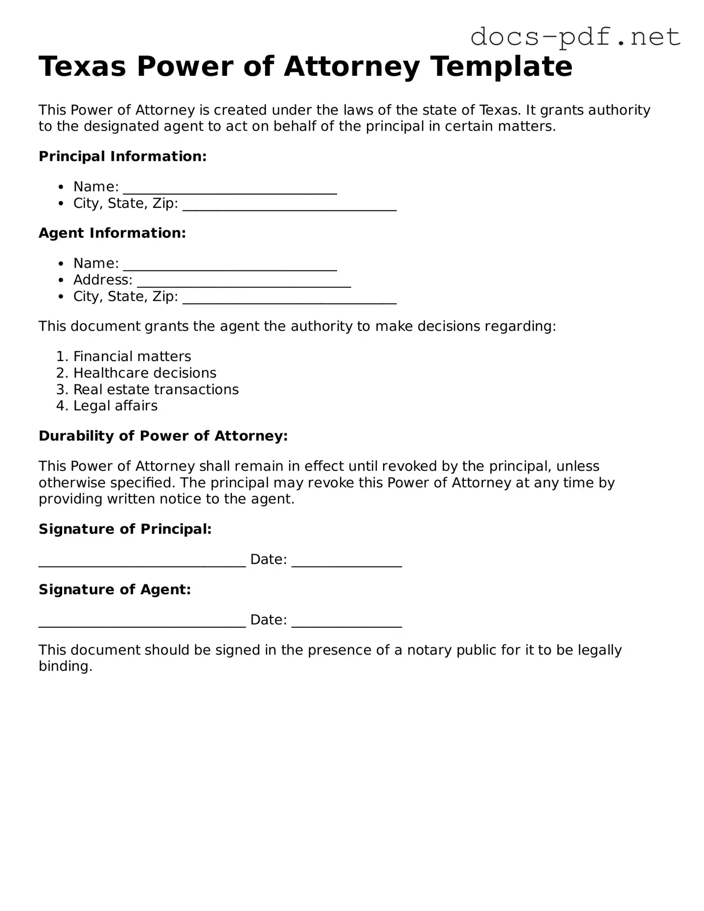 Official  Power of Attorney Form for Texas