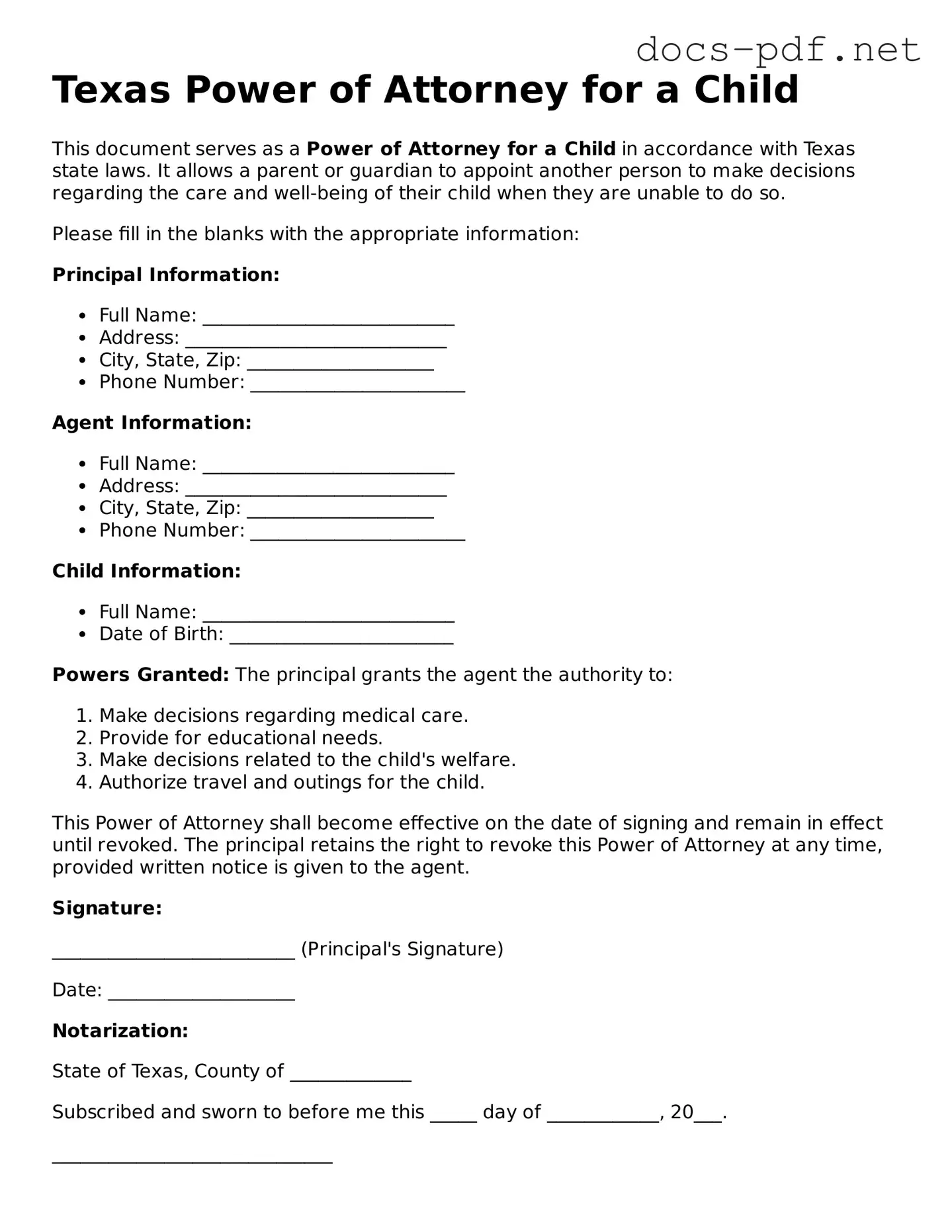 Official  Power of Attorney for a Child Form for Texas