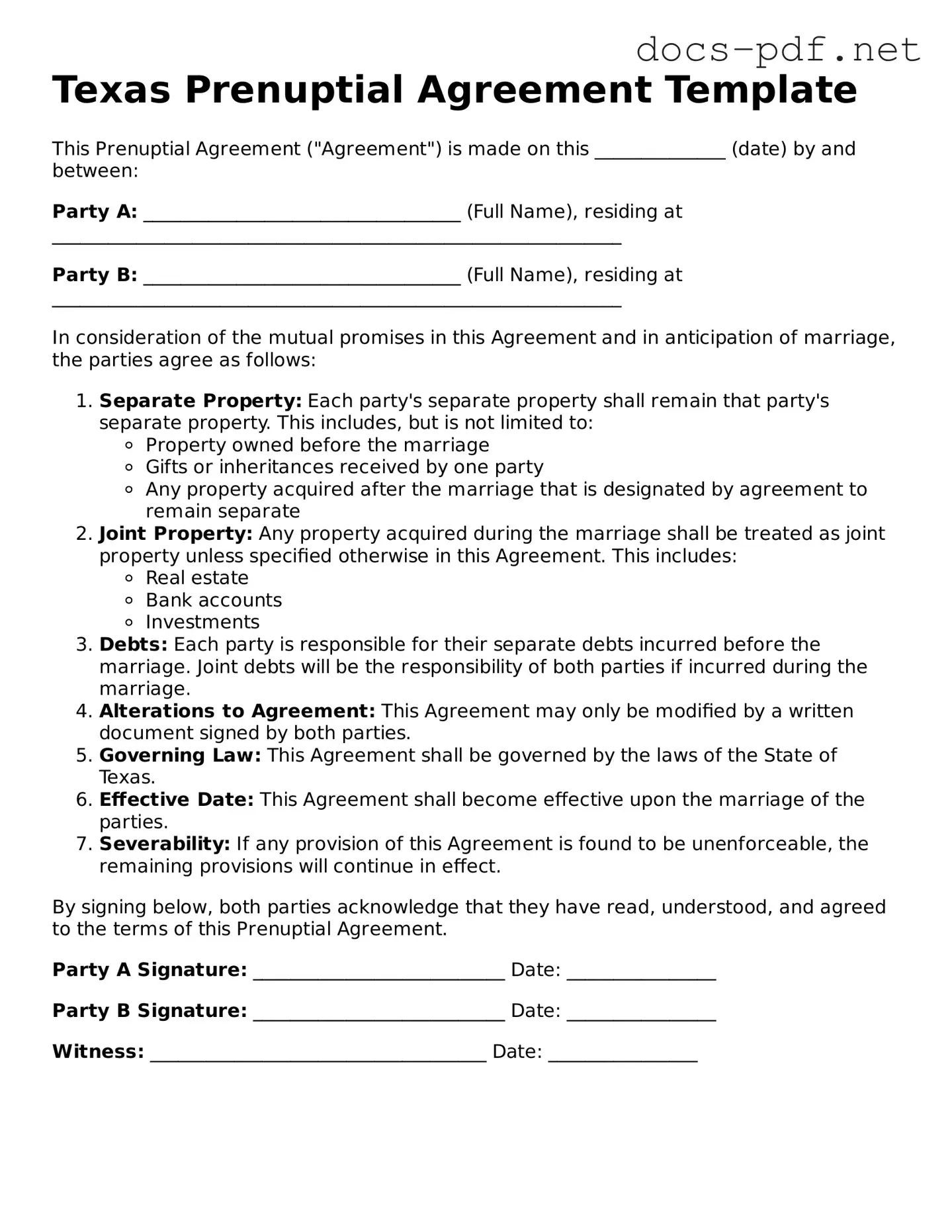 Official  Prenuptial Agreement Form for Texas