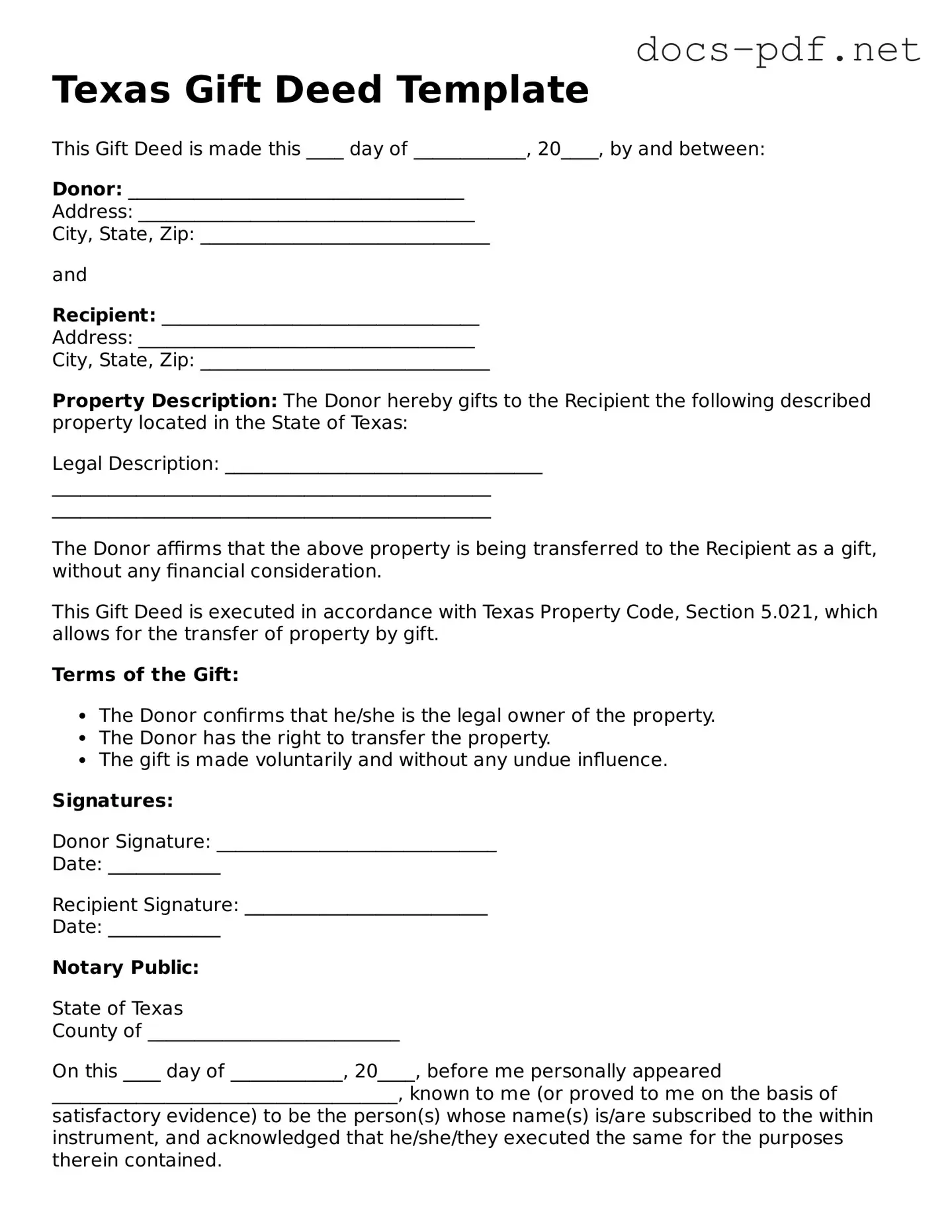 Official  Gift Deed Form for Texas