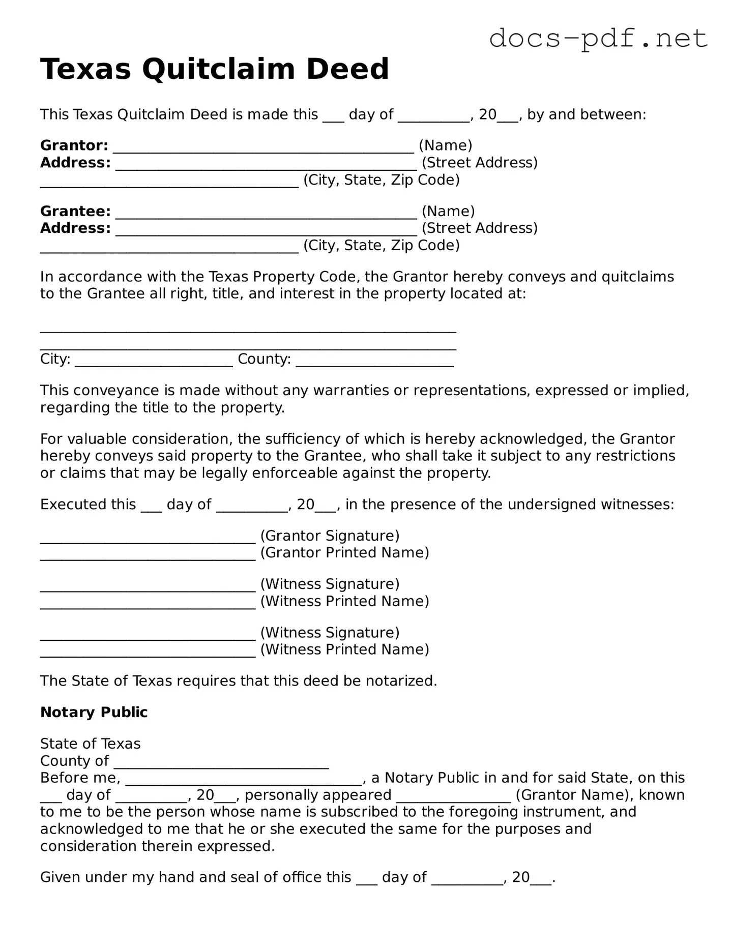 Official  Quitclaim Deed Form for Texas