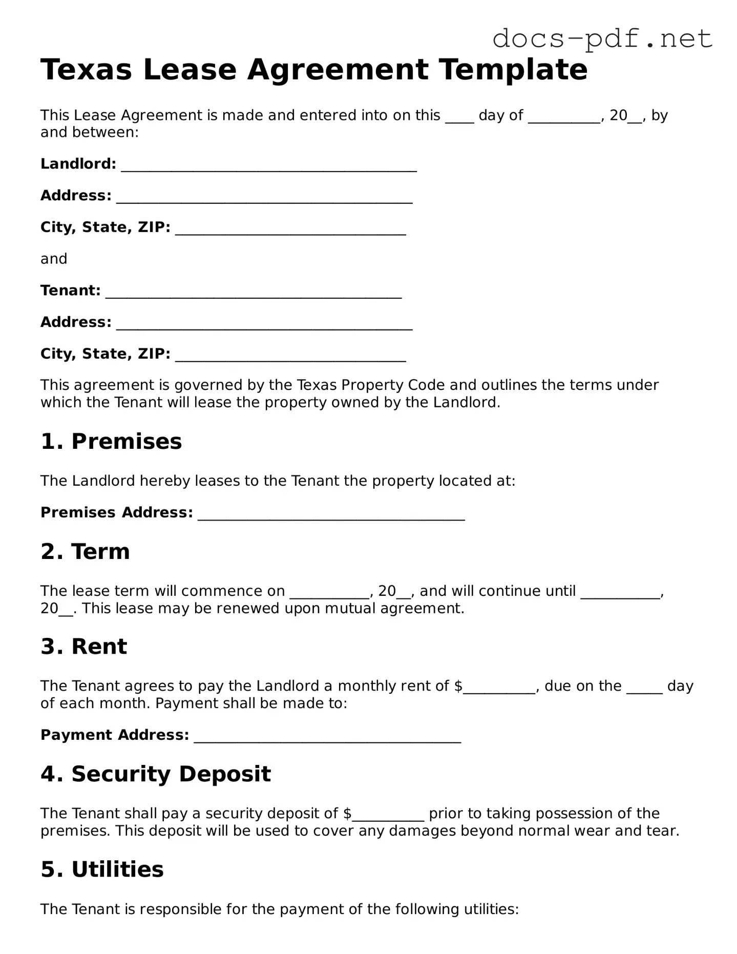 Official  Lease Agreement Form for Texas
