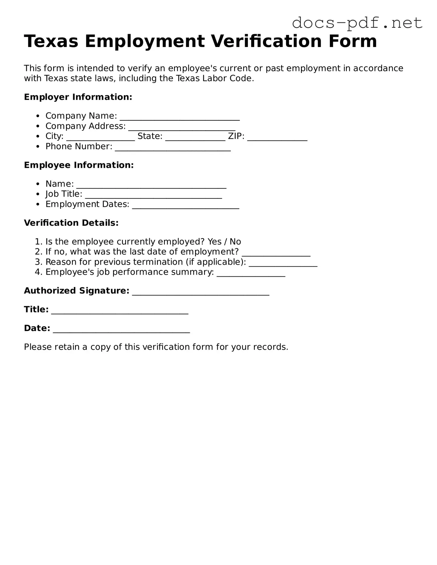 Official  Employment Verification Form for Texas