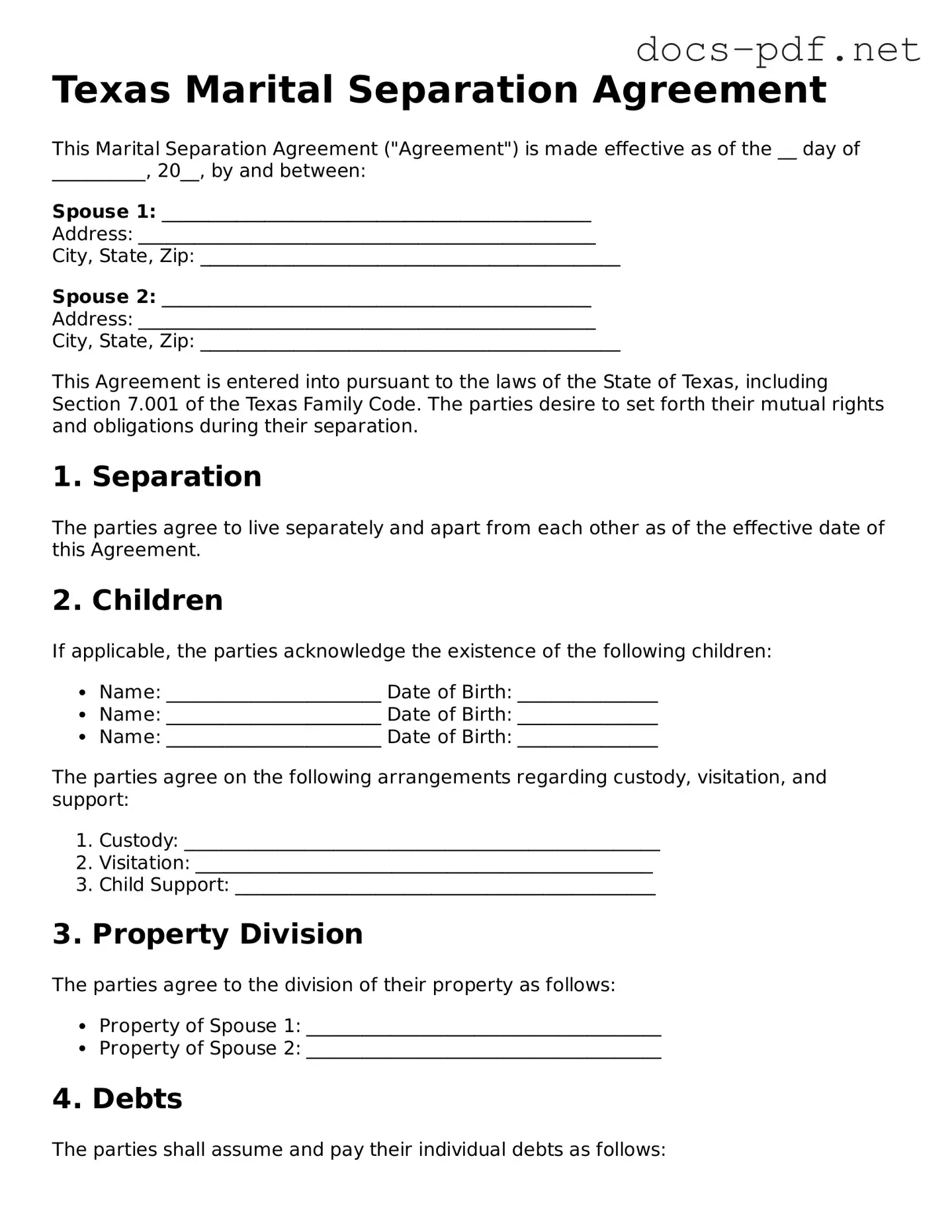 Official  Marital Separation Agreement Form for Texas