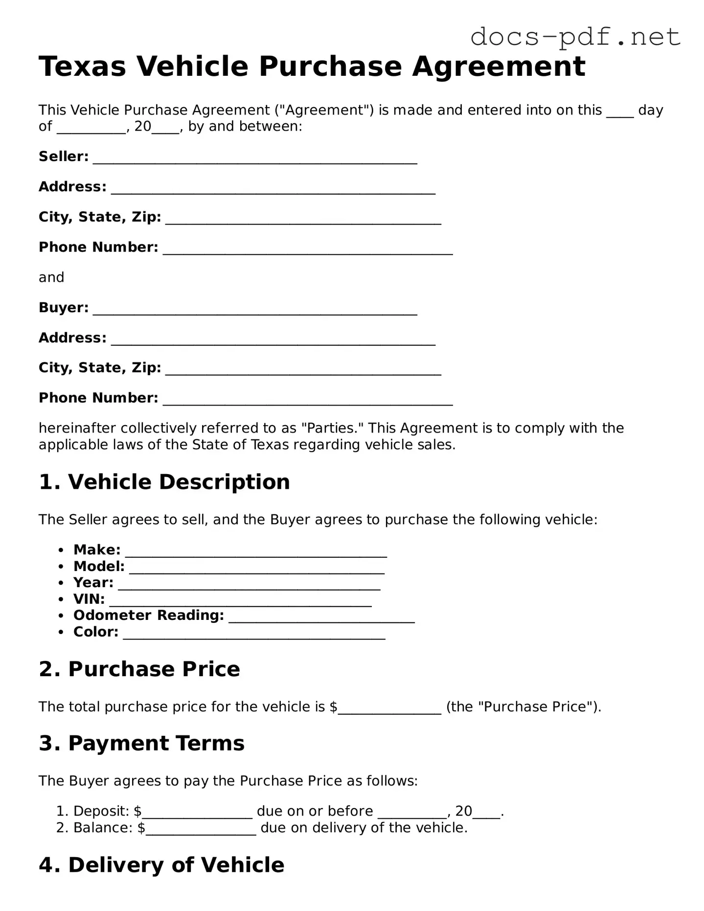 Official  Vehicle Purchase Agreement Form for Texas