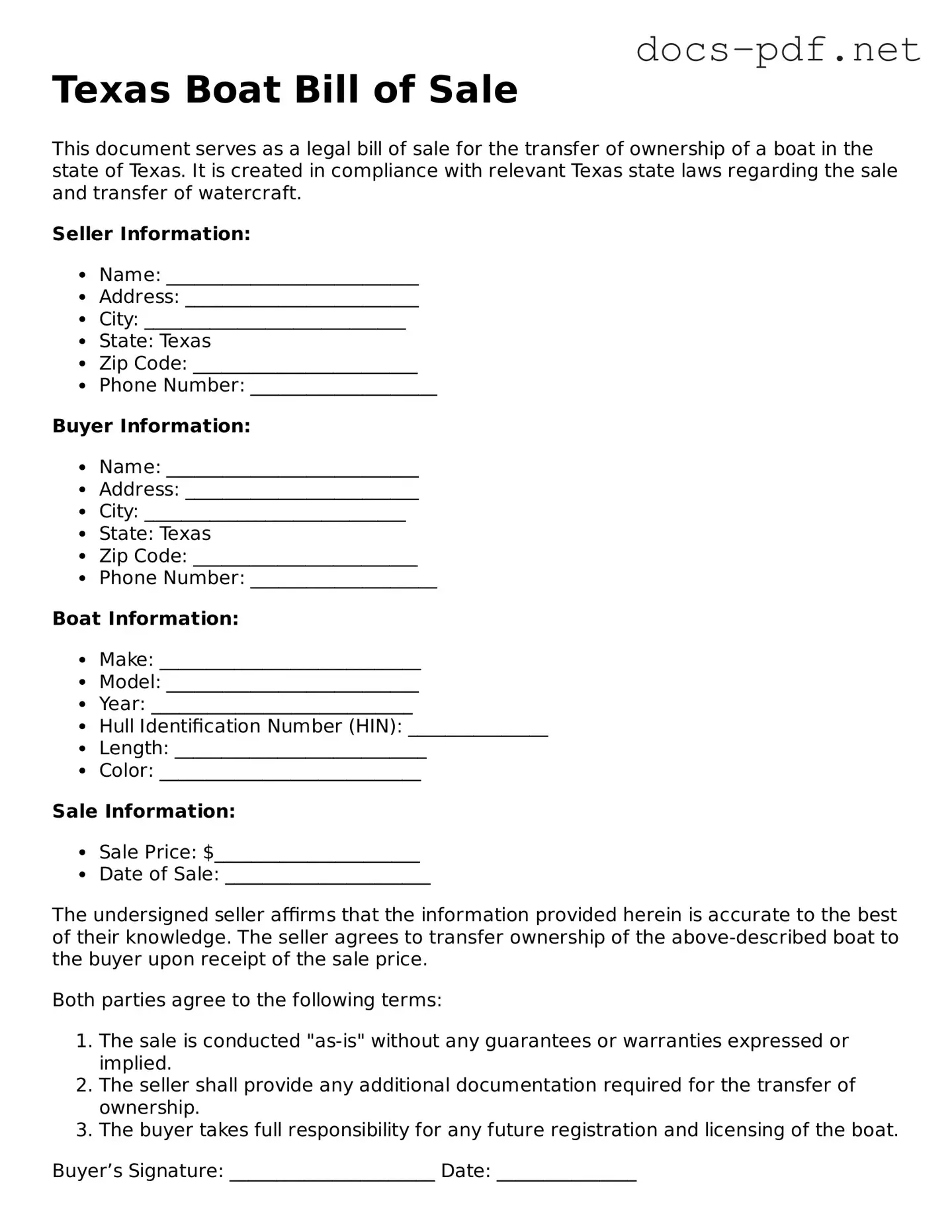 Official  Boat Bill of Sale Form for Texas