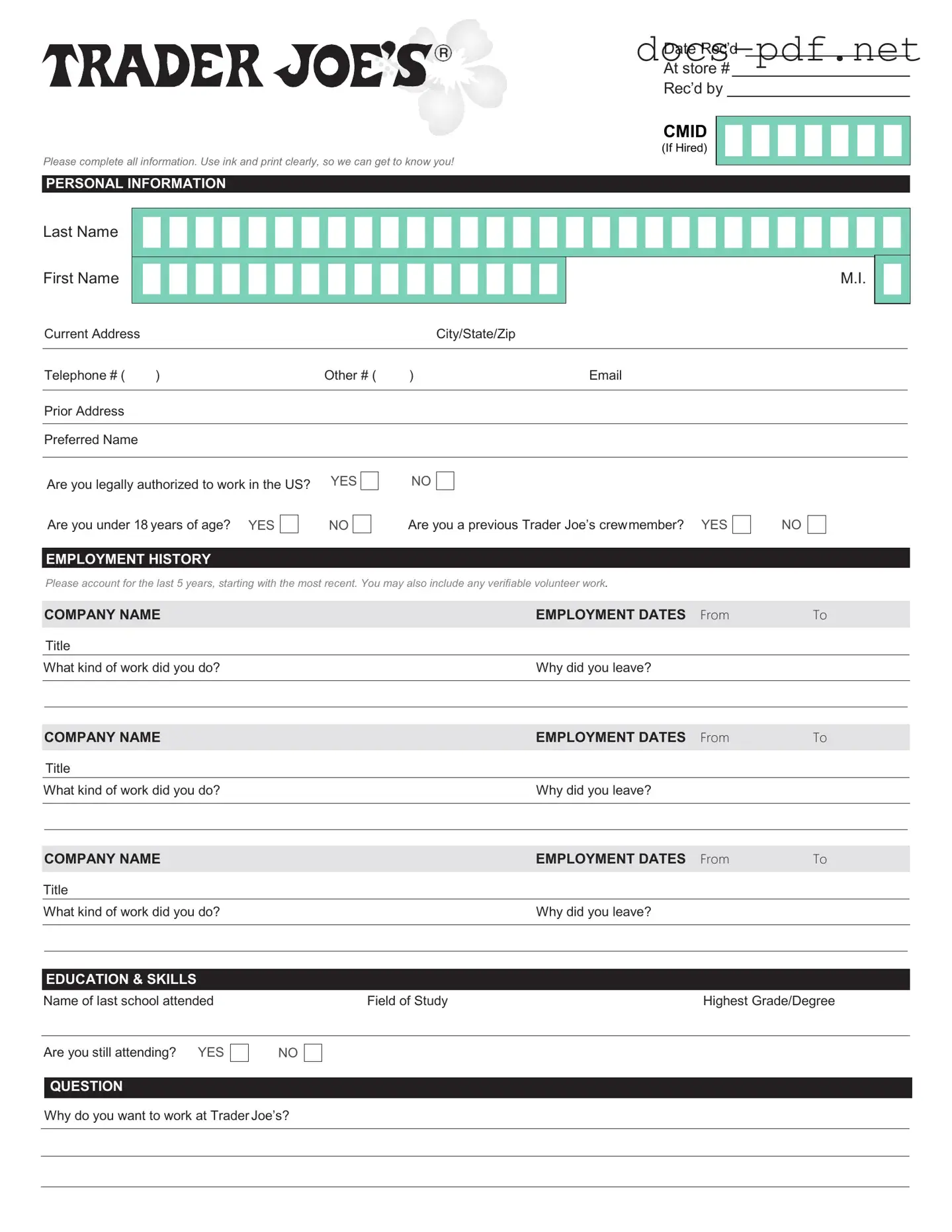 Trader Joe's application Form in PDF