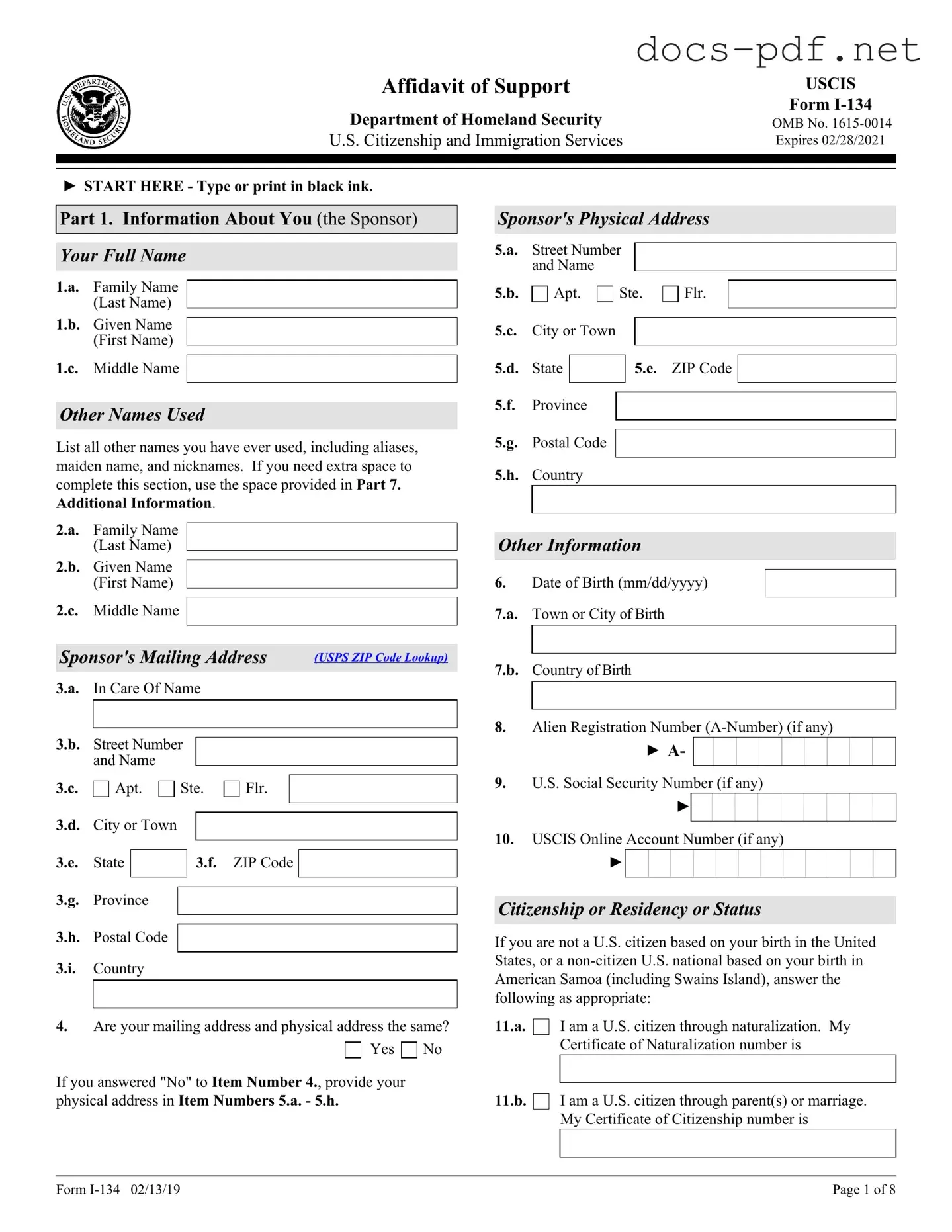 USCIS I-134 Form in PDF