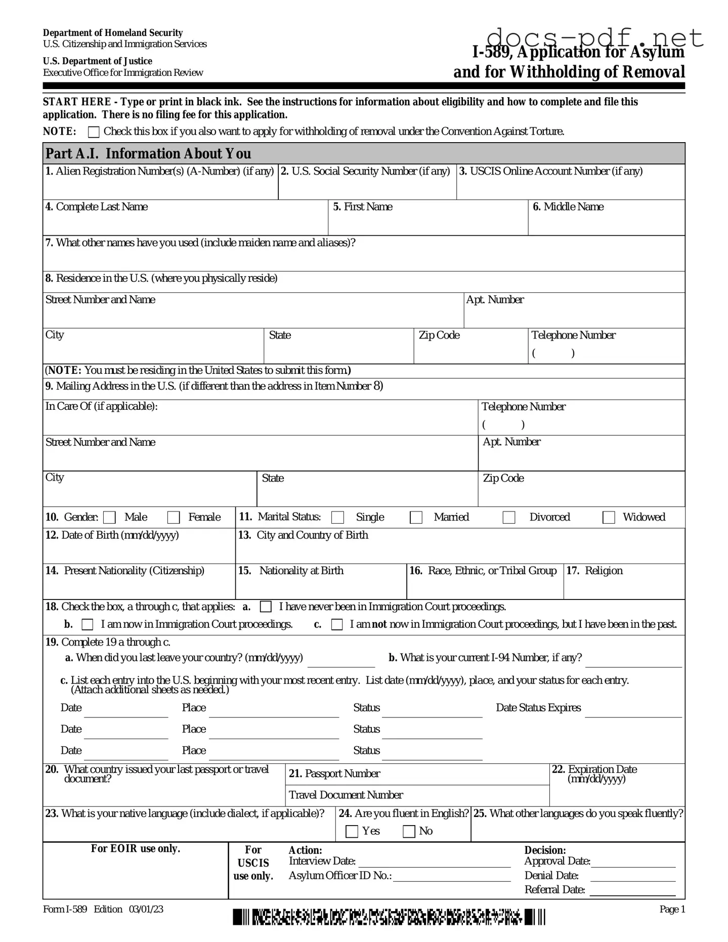 USCIS I-589 Form in PDF