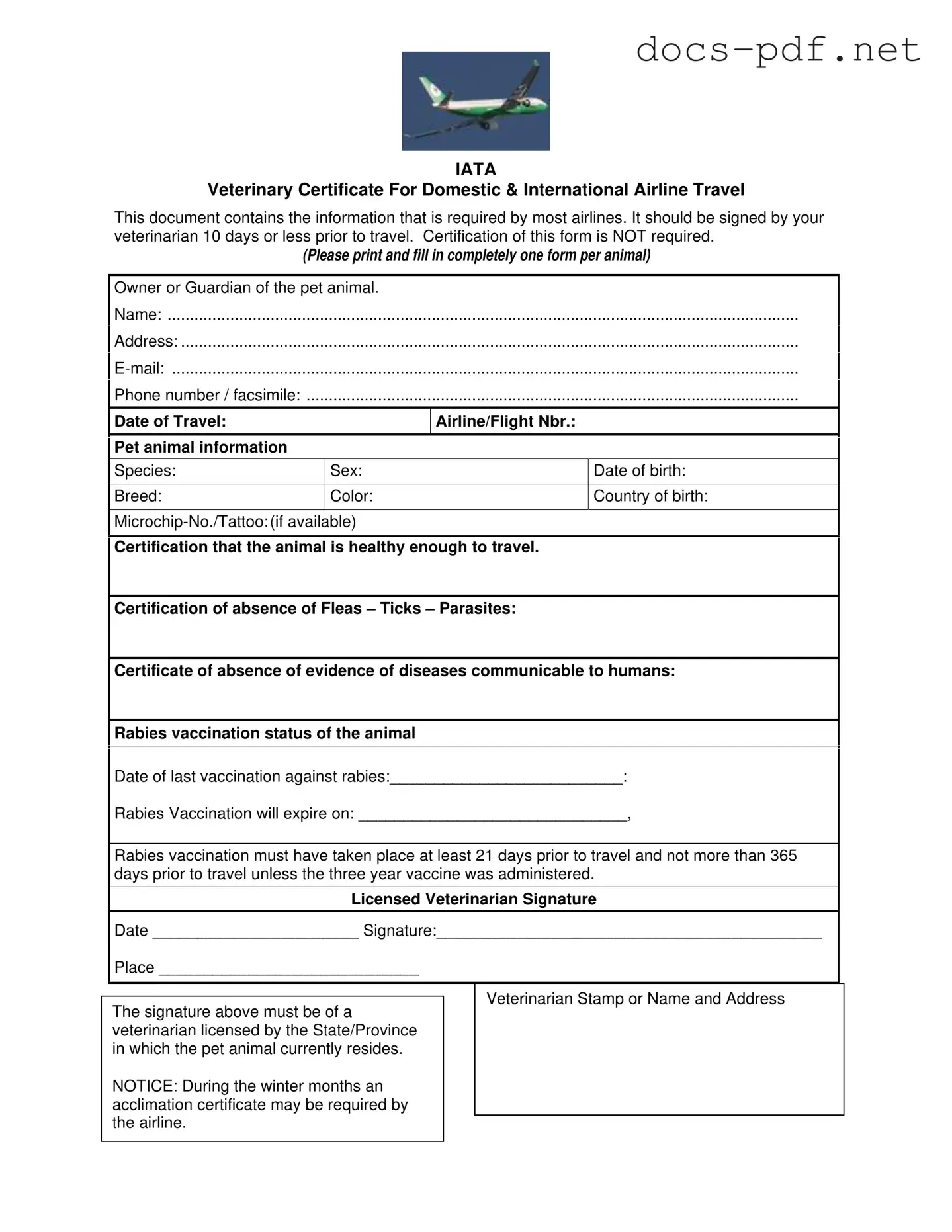 Veterinary Certificate Travel Form in PDF