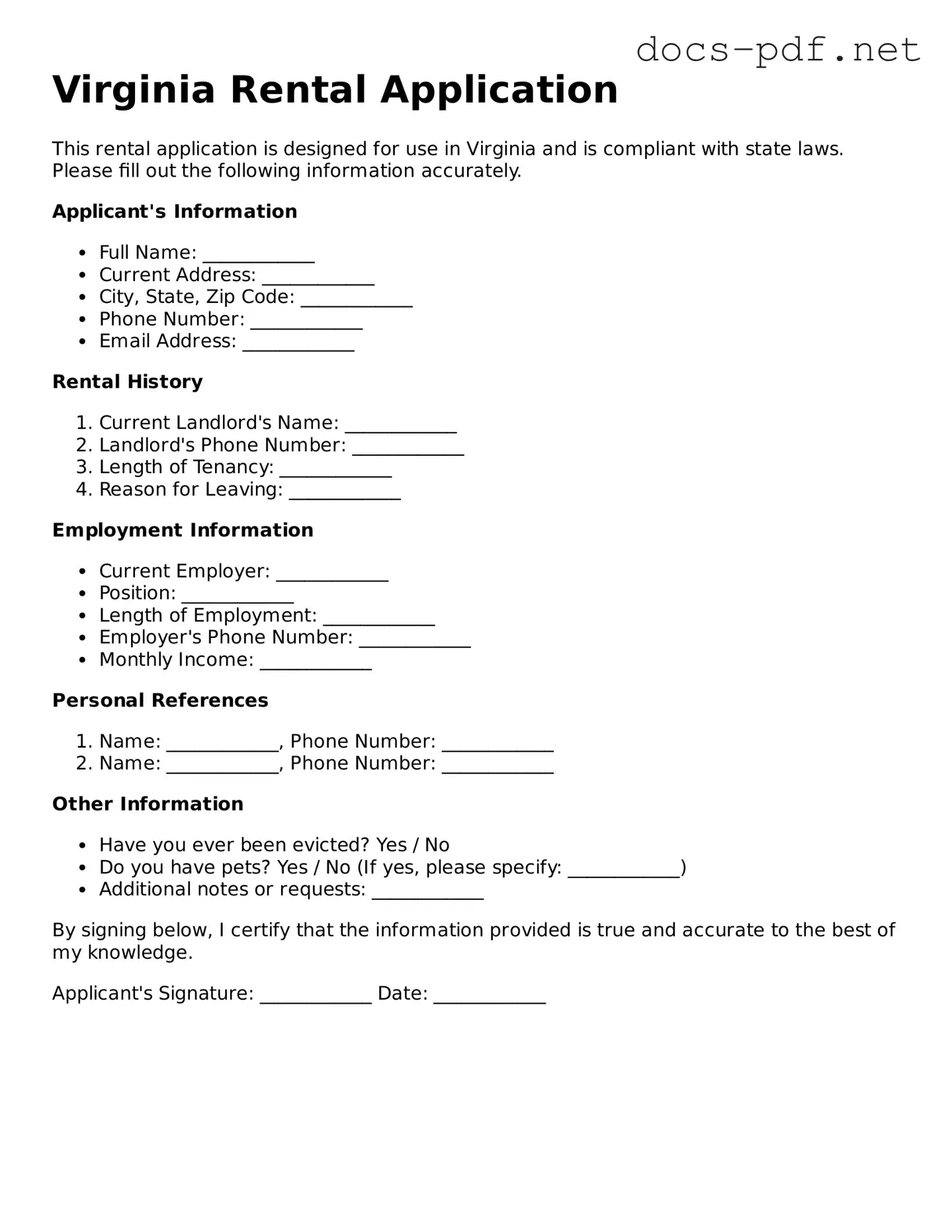 Official  Rental Application Form for Virginia