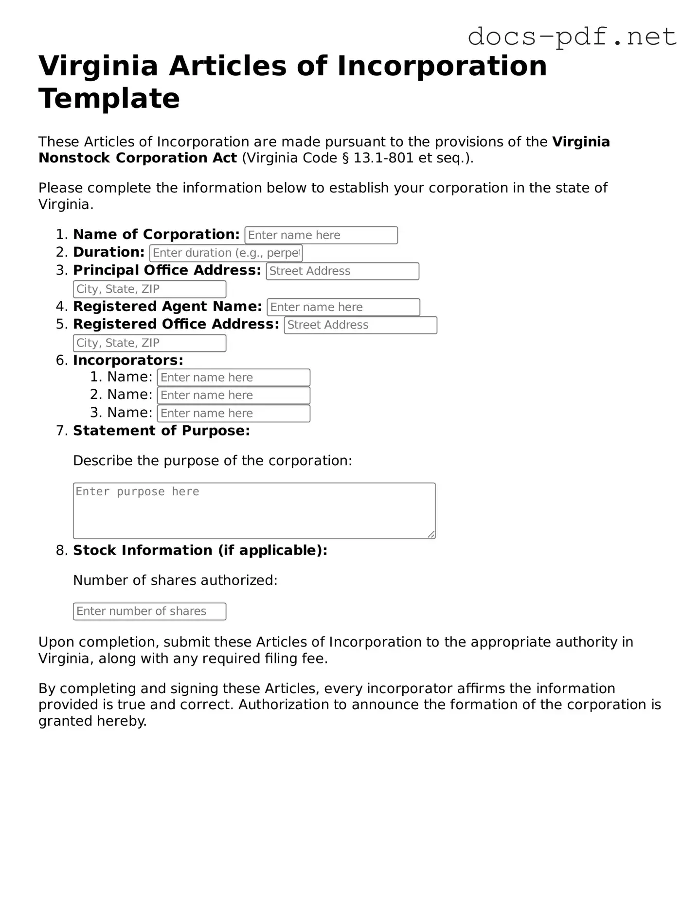 Official  Articles of Incorporation Form for Virginia