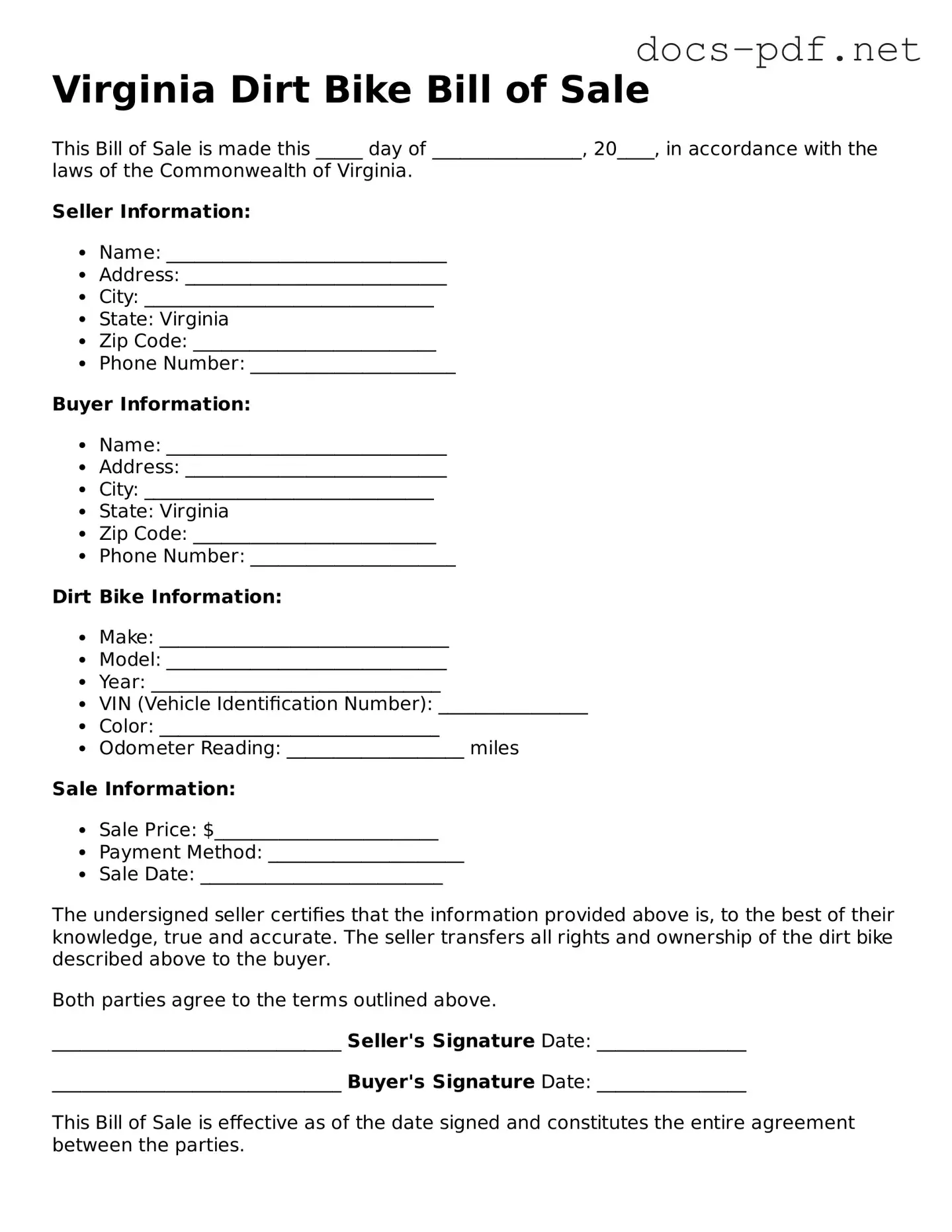Official  Dirt Bike Bill of Sale Form for Virginia