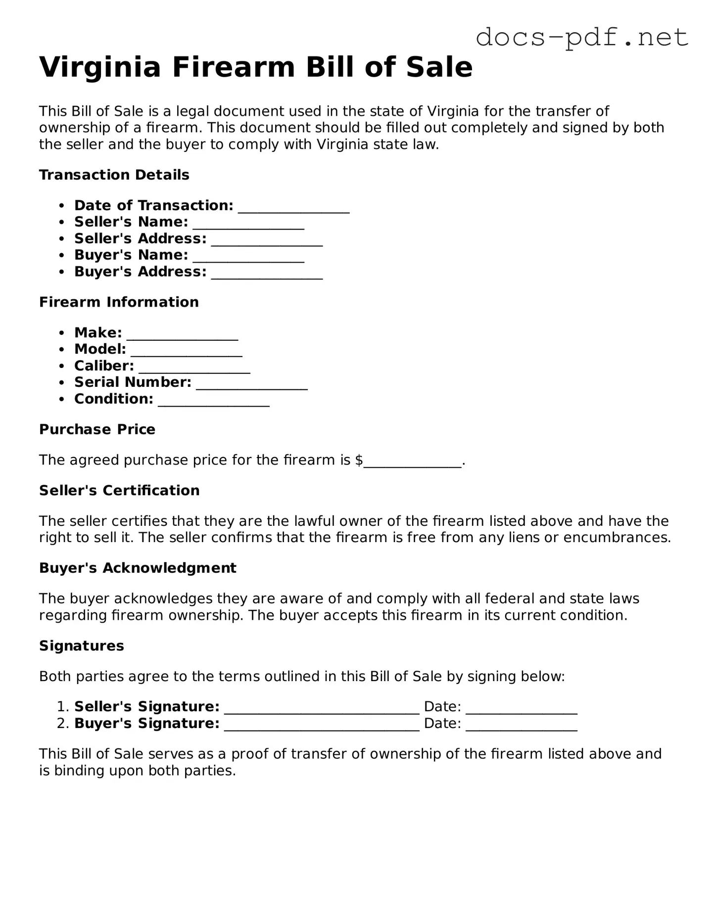 Official  Firearm Bill of Sale Form for Virginia