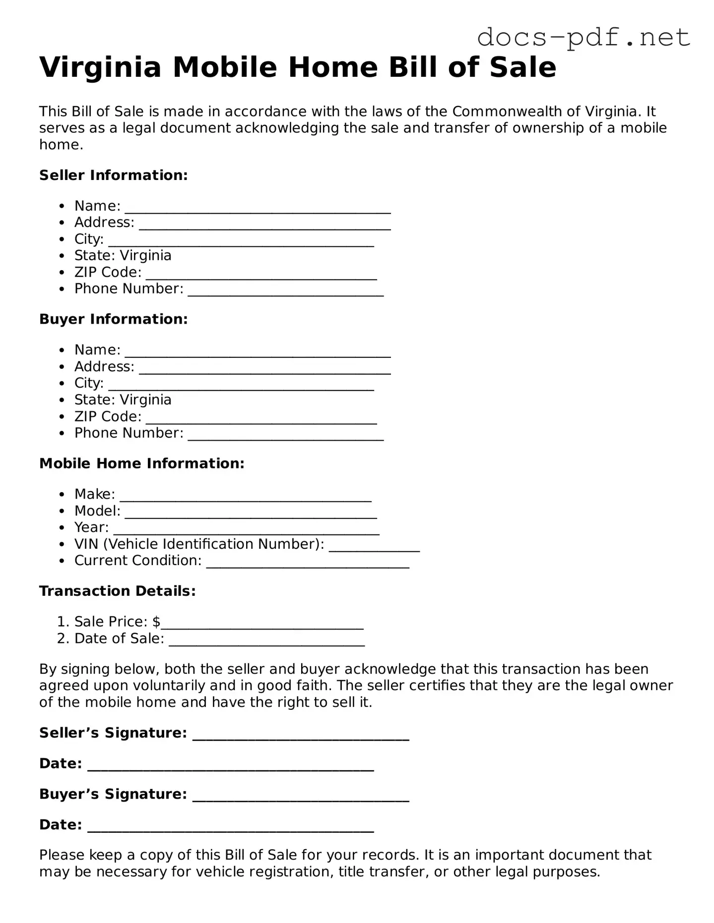 Official  Mobile Home Bill of Sale Form for Virginia