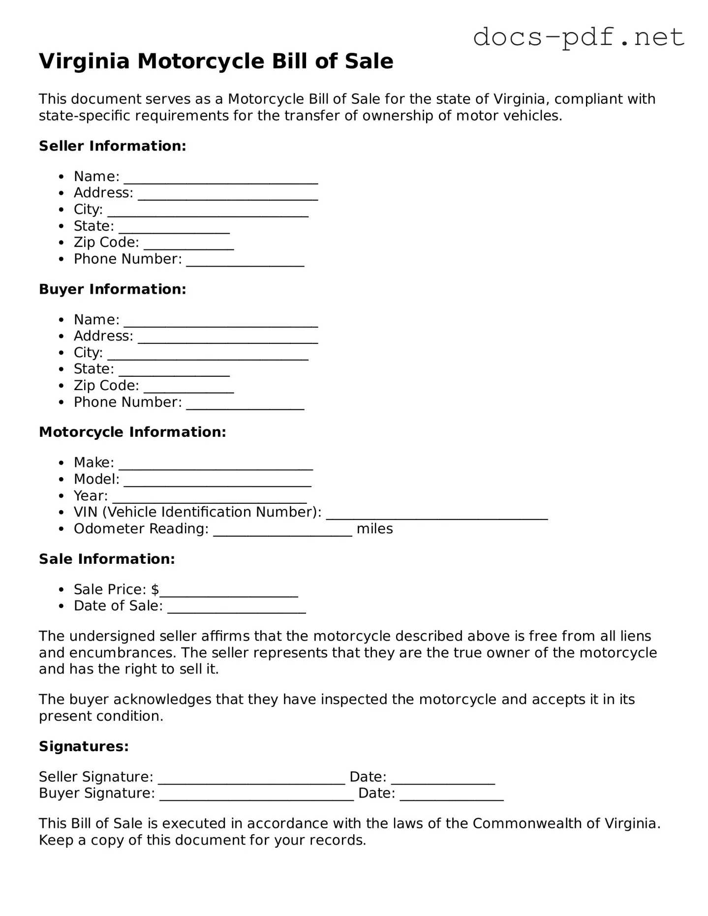 Official  Motorcycle Bill of Sale Form for Virginia