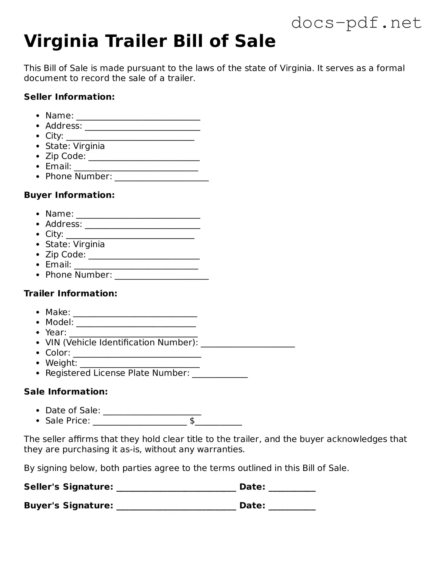 Official  Trailer Bill of Sale Form for Virginia