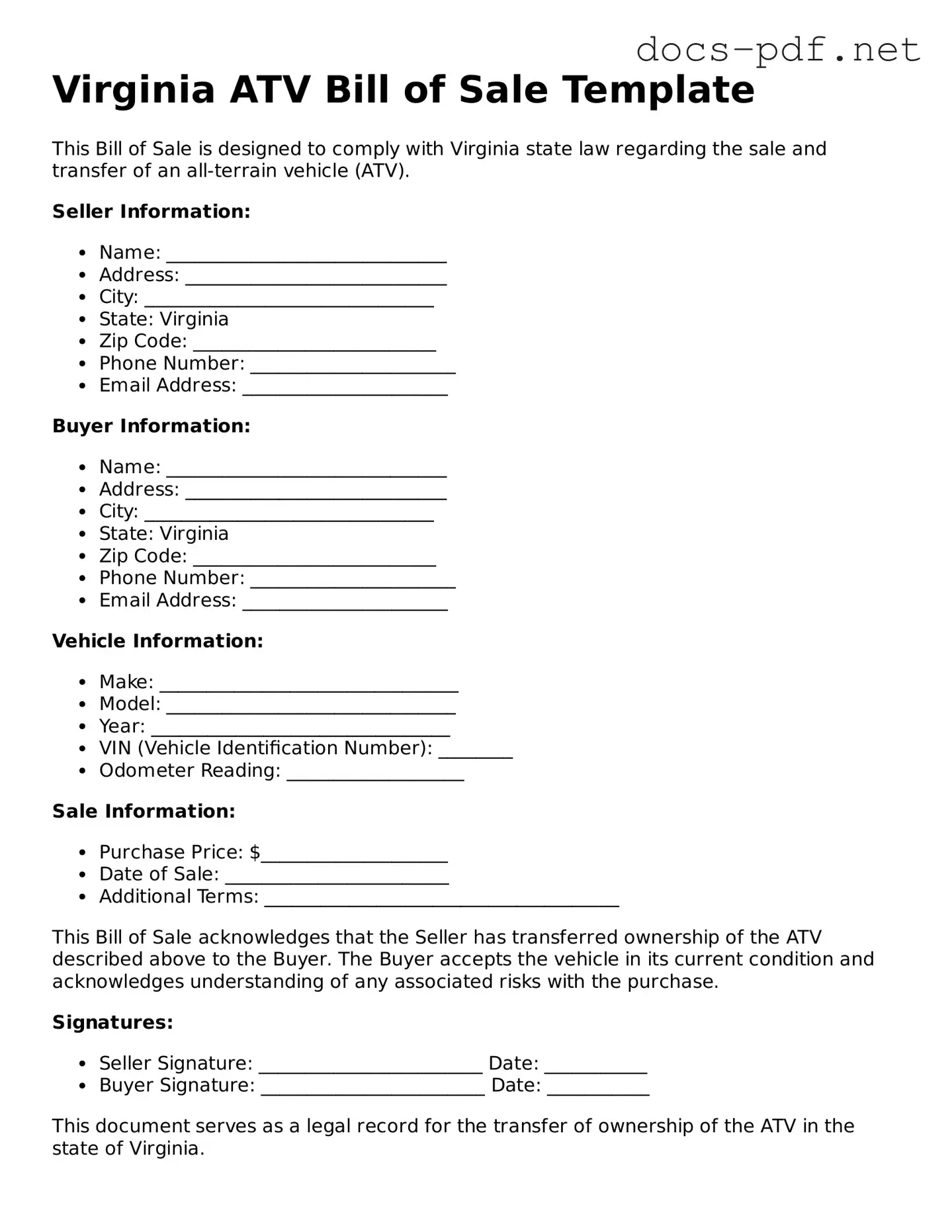 Official  ATV Bill of Sale Form for Virginia