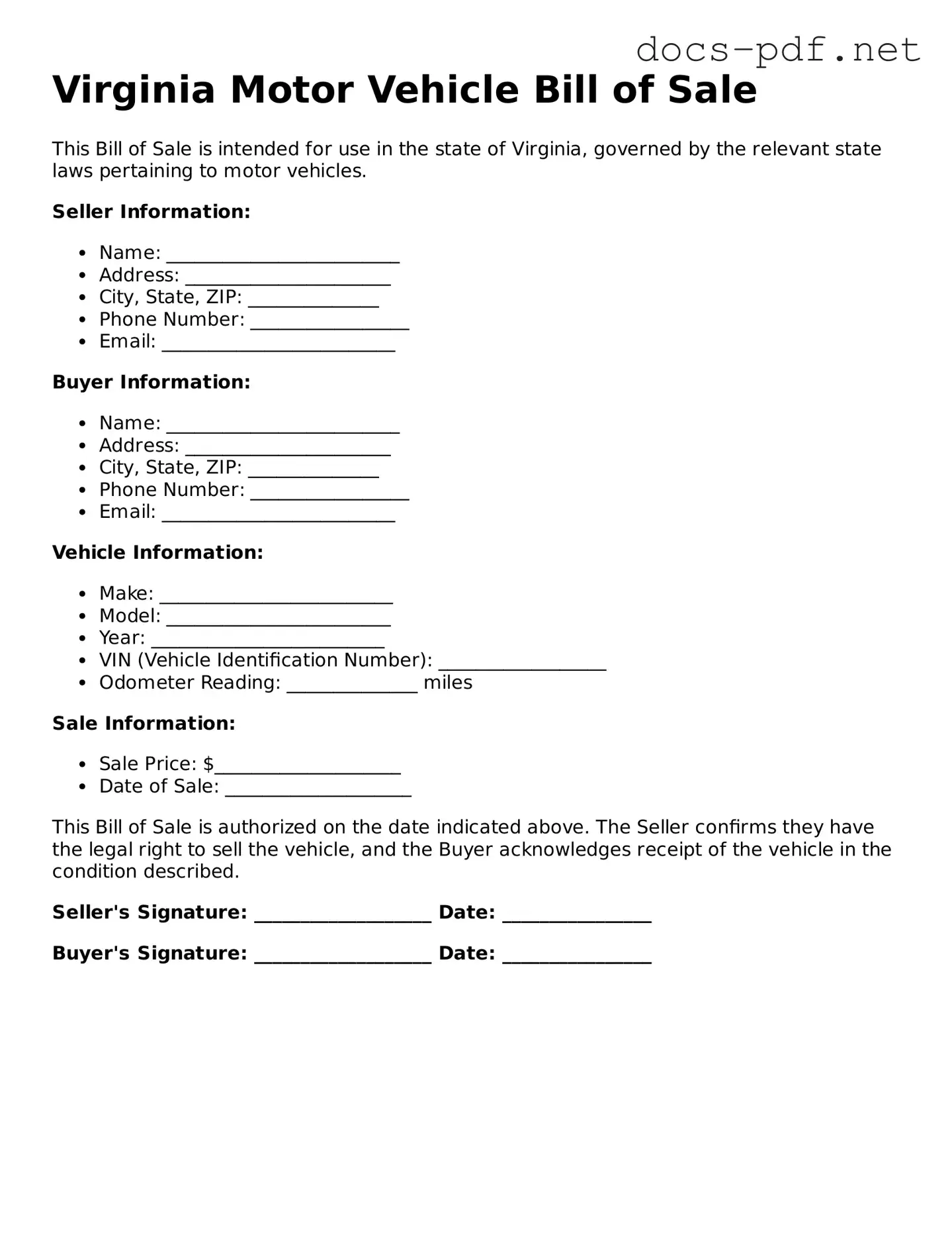 Official  Motor Vehicle Bill of Sale Form for Virginia