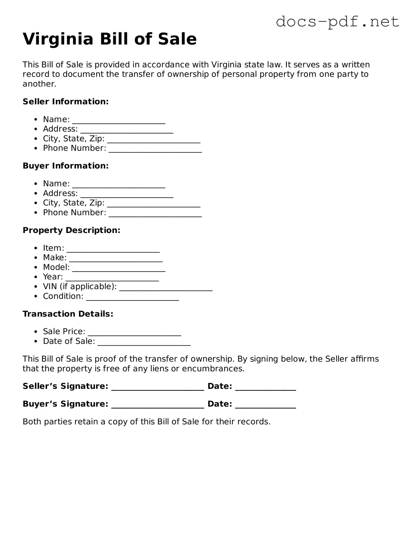 Official  Bill of Sale Form for Virginia