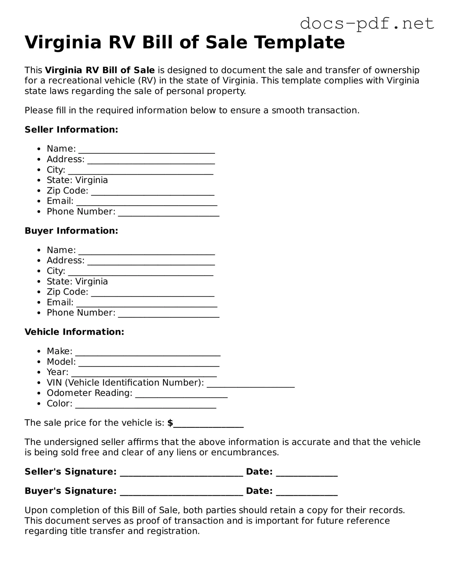 Official  RV Bill of Sale Form for Virginia