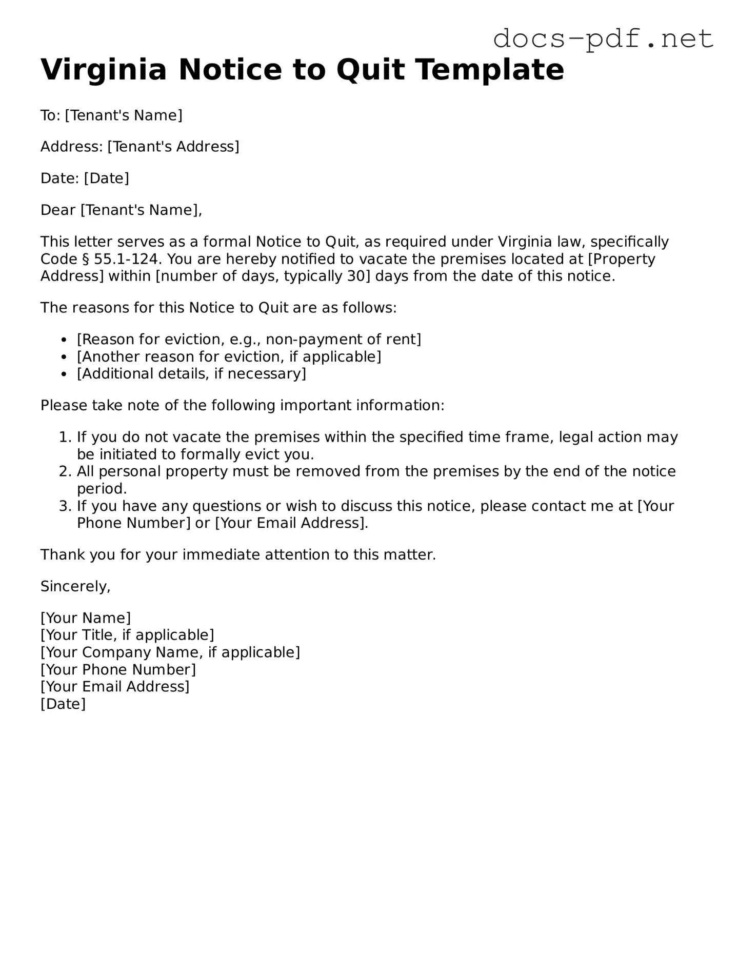 Official  Notice to Quit Form for Virginia