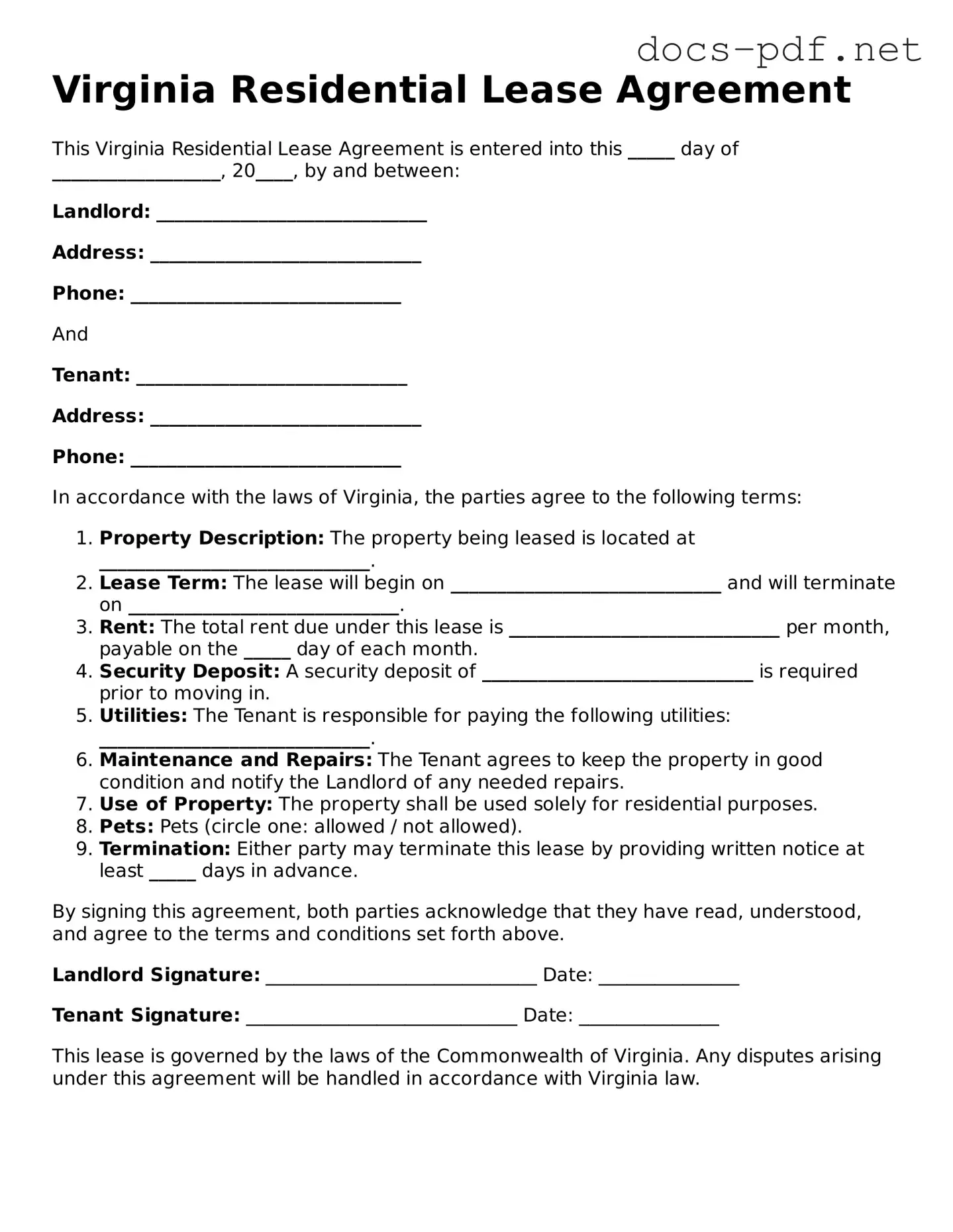 Official  Residential Lease Agreement Form for Virginia