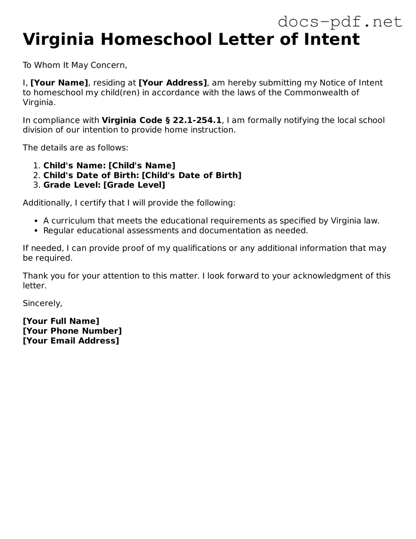 Official  Homeschool Letter of Intent Form for Virginia
