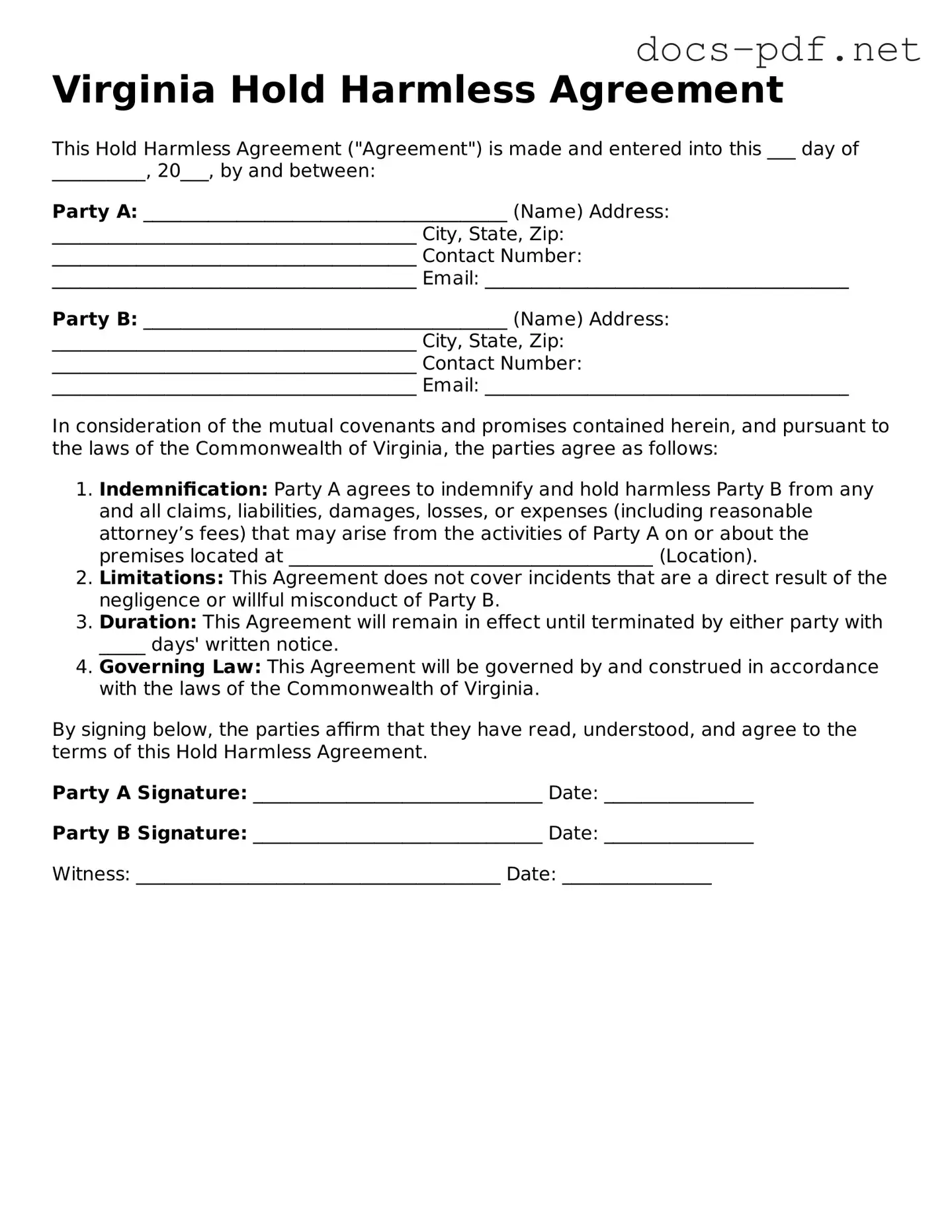 Official  Hold Harmless Agreement Form for Virginia