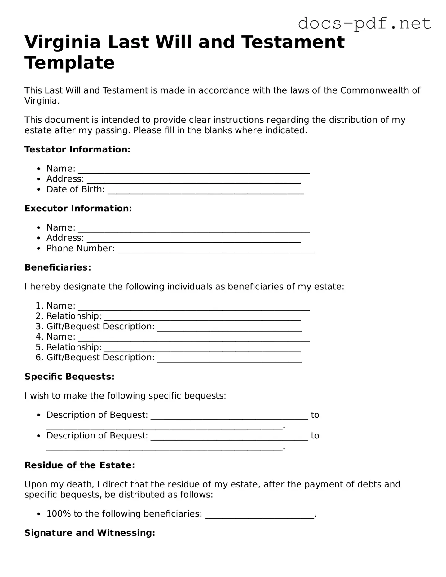 Official  Last Will and Testament Form for Virginia
