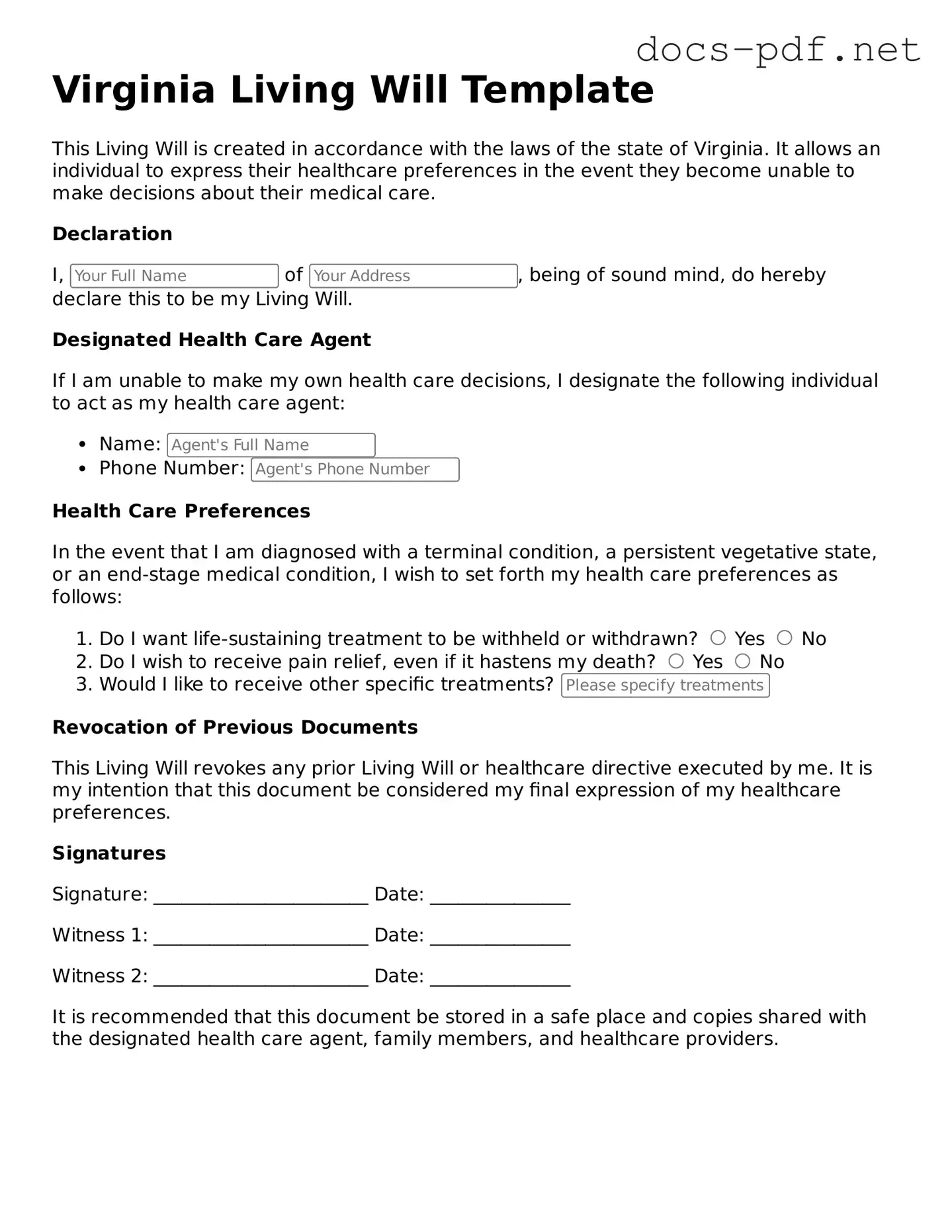 Official  Living Will Form for Virginia
