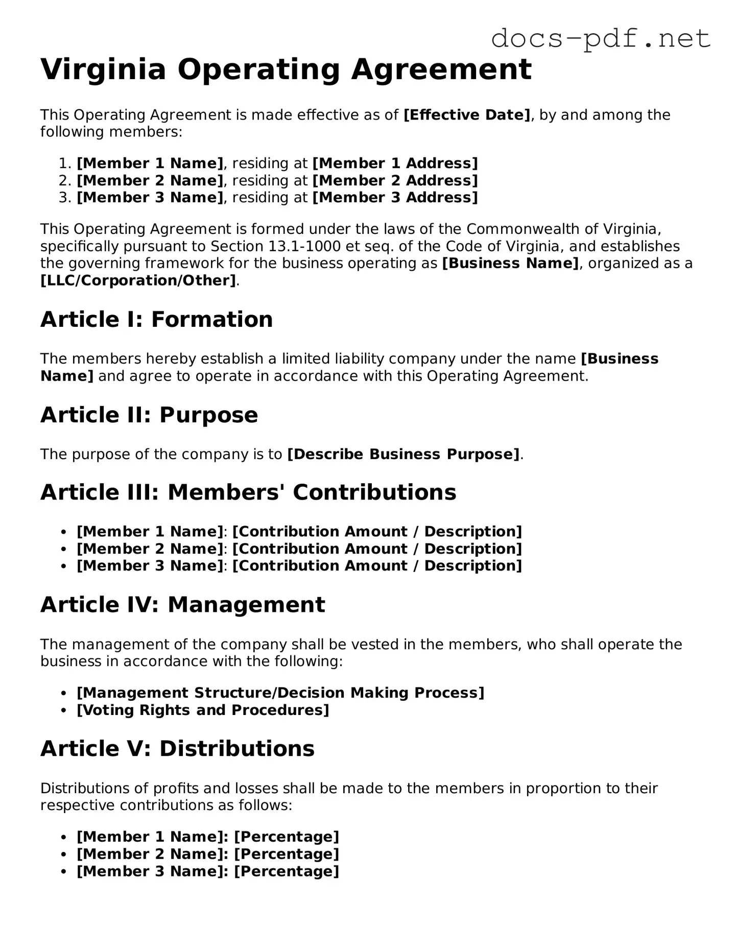 Official  Operating Agreement Form for Virginia
