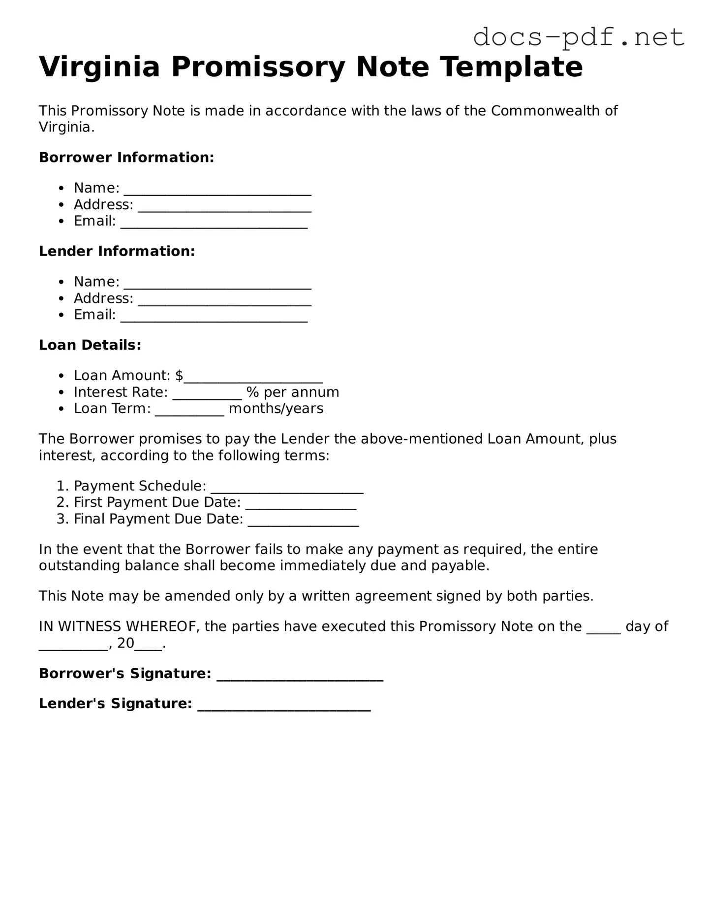 Official  Promissory Note Form for Virginia