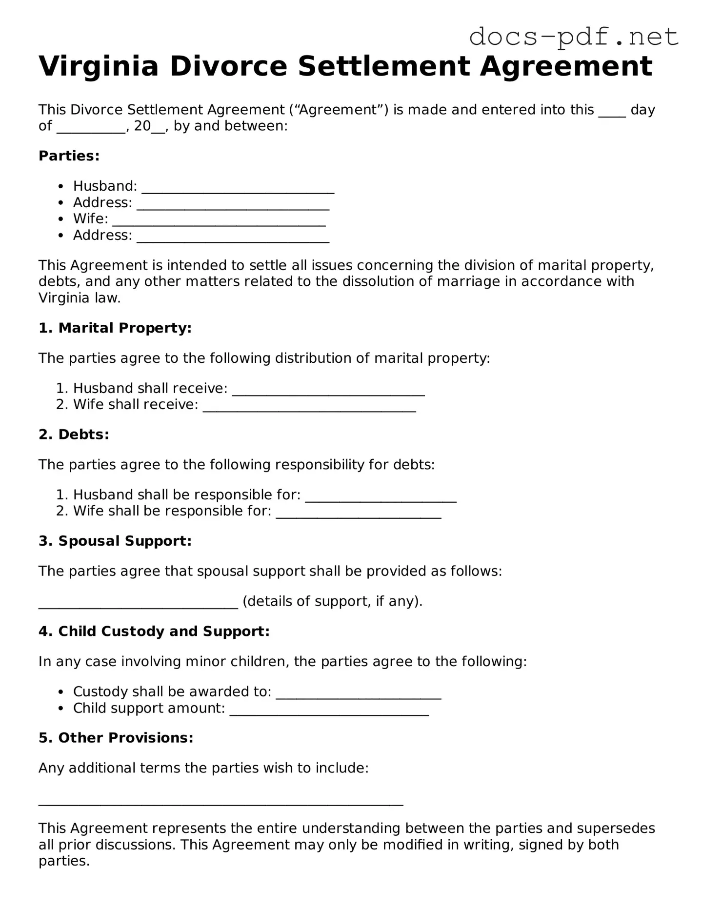 Official  Divorce Settlement Agreement Form for Virginia