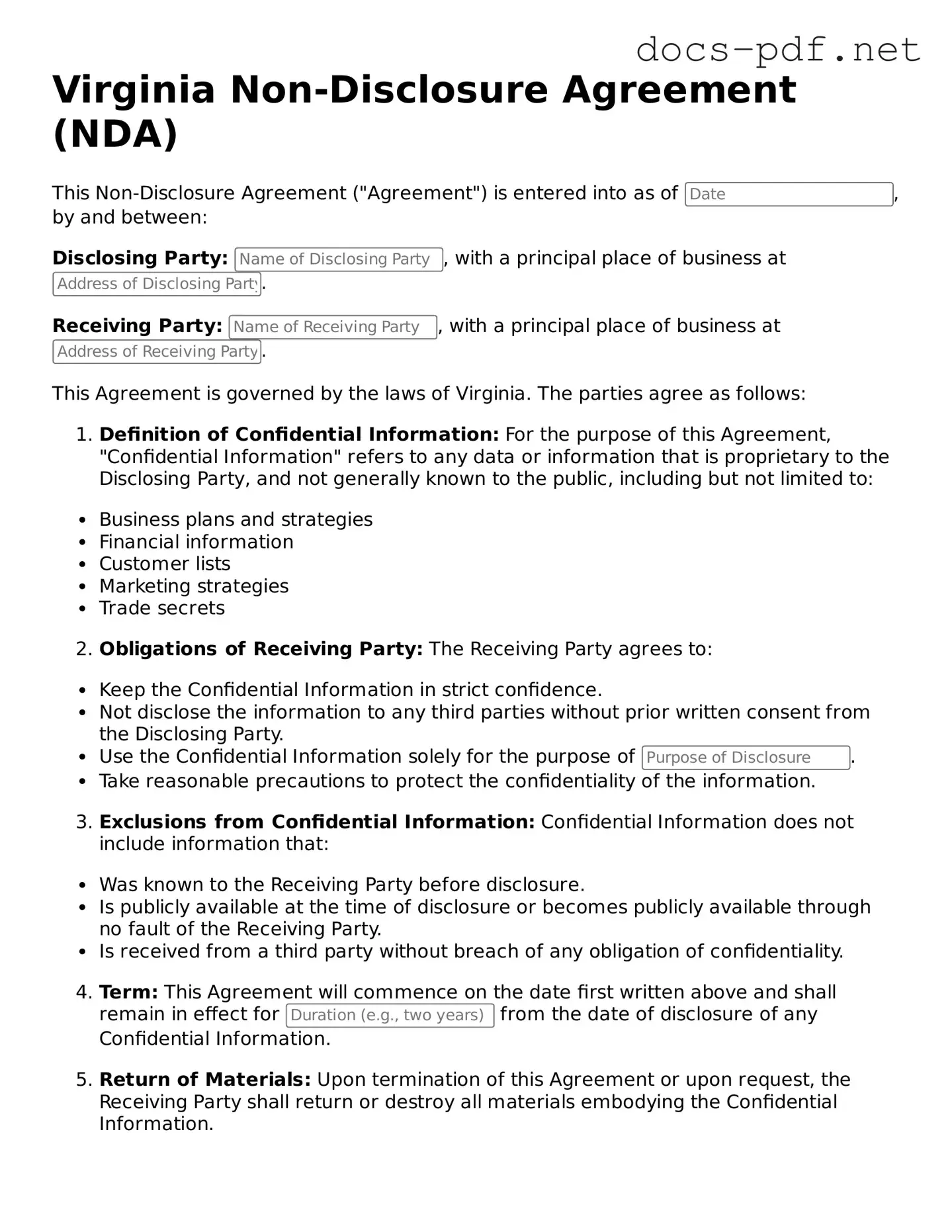 Official  Non-disclosure Agreement Form for Virginia