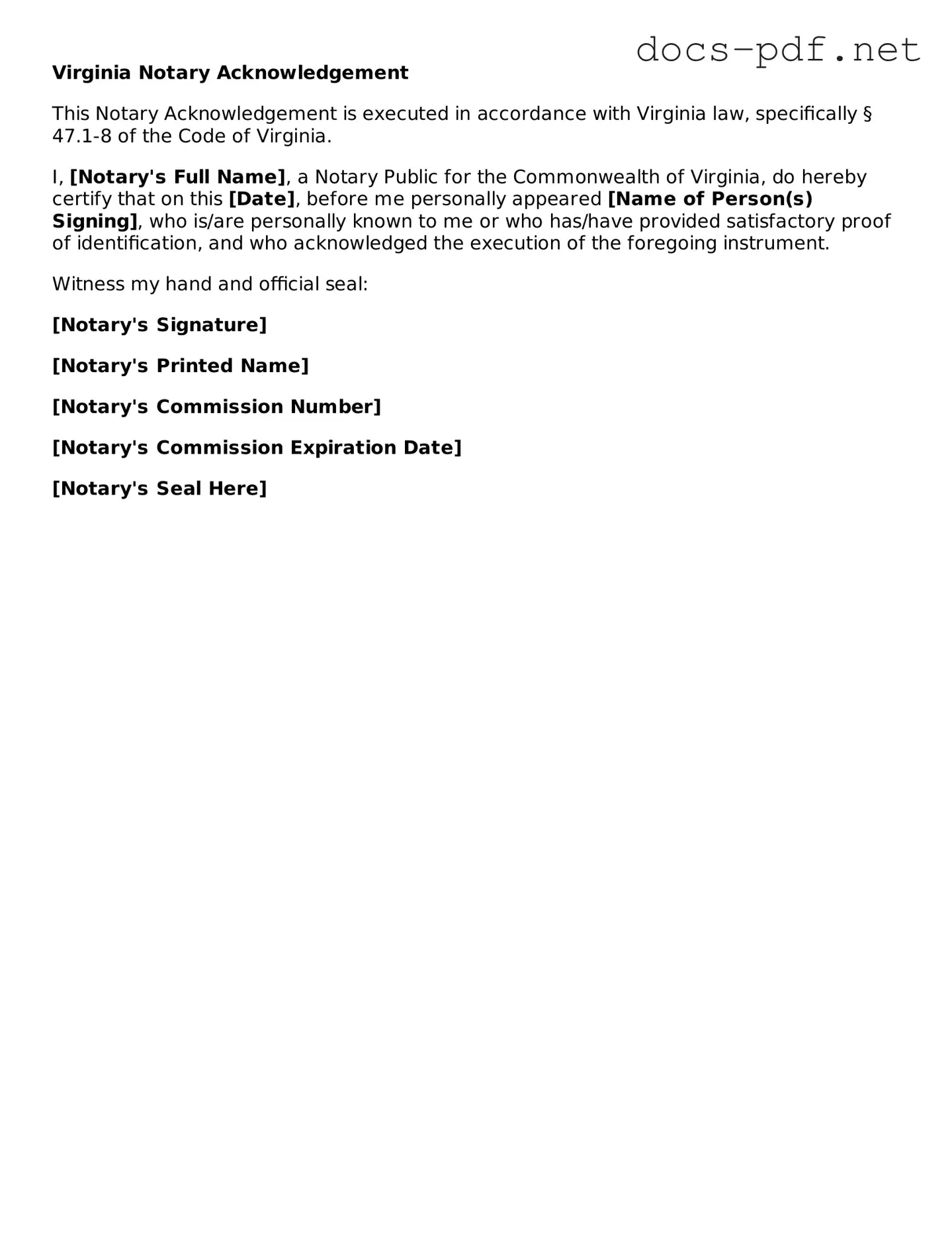 Official  Notary Acknowledgement Form for Virginia