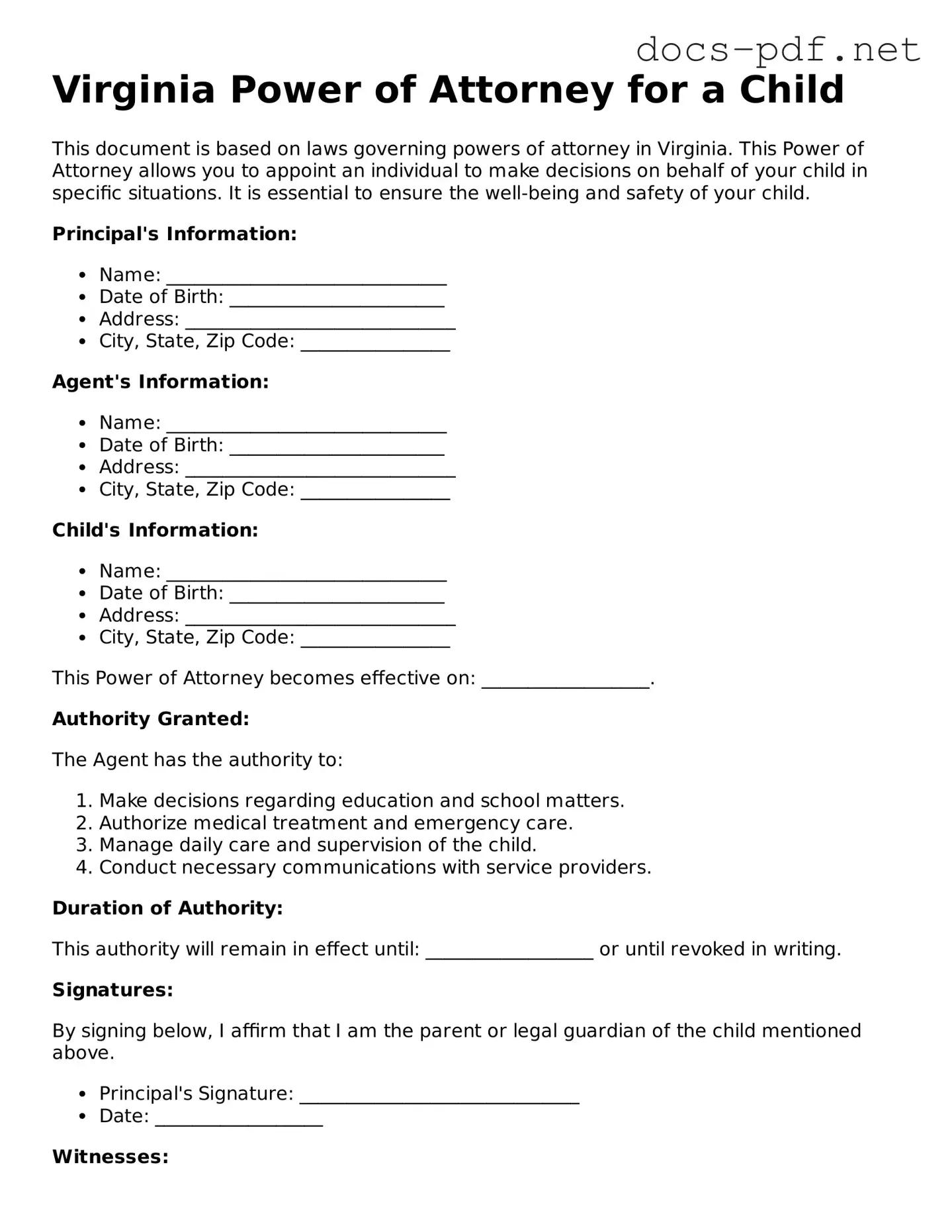 Official  Power of Attorney for a Child Form for Virginia