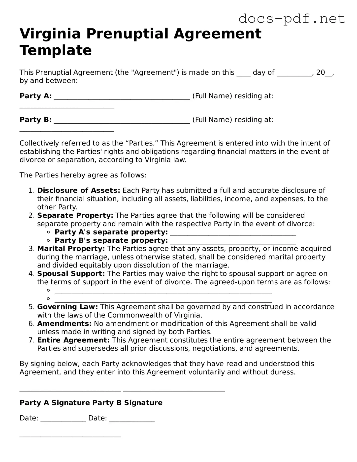 Official  Prenuptial Agreement Form for Virginia
