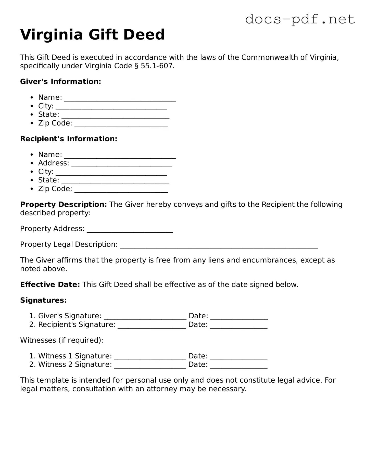 Official  Gift Deed Form for Virginia