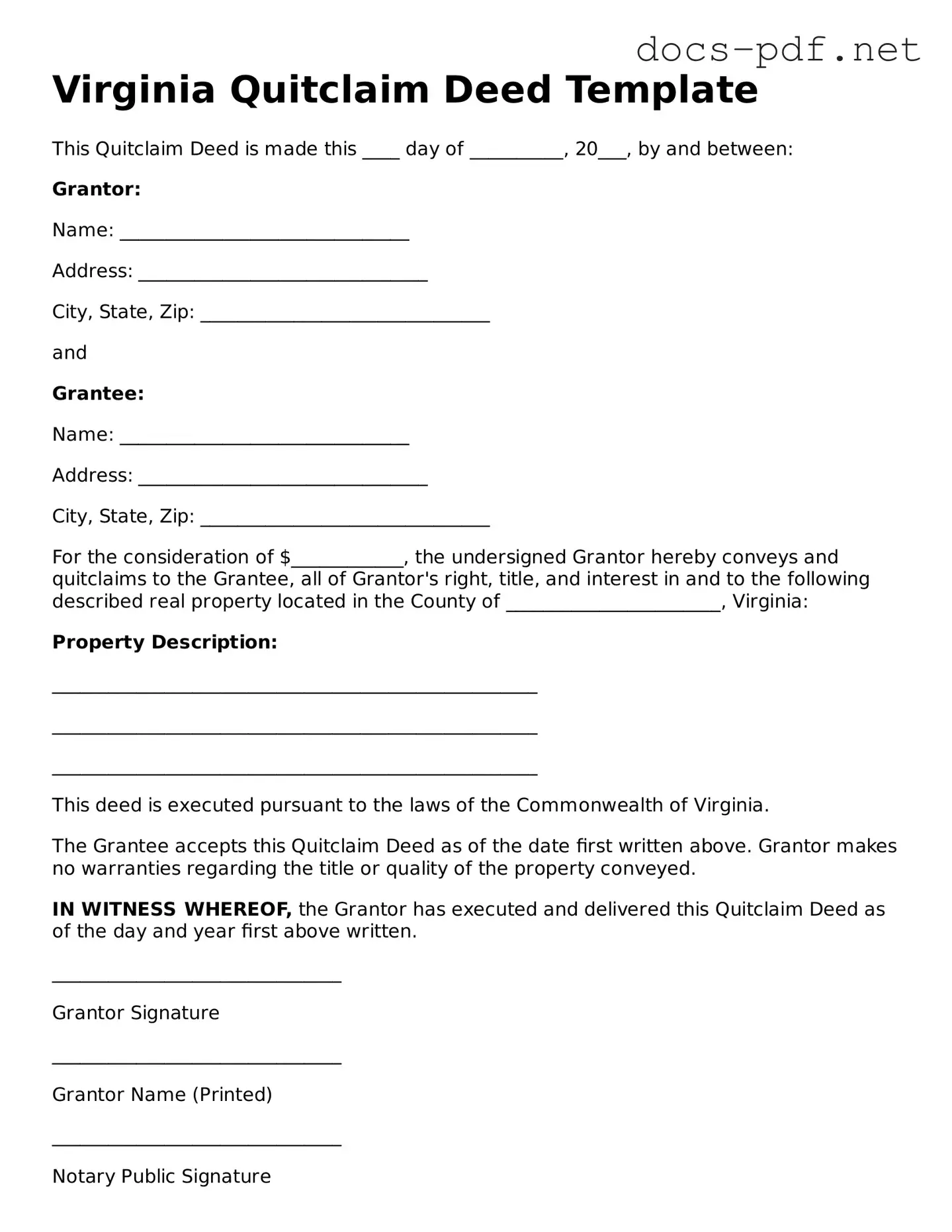 Official  Quitclaim Deed Form for Virginia